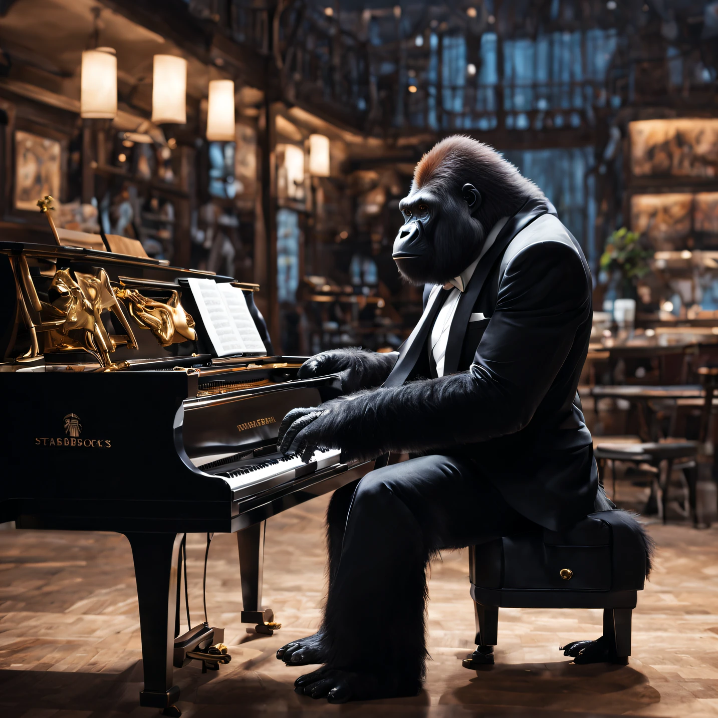 Only one gorilla、The gorilla is the main character、Tiere、Handsome gorilla、Gorilla playing the piano、Pianist Gorilla、a grand piano、wearing tuxedo、tailcoat、Erase humans、The subject is a gorilla、、Inside Starbucks Coffee、An ultra-high picture quality、High quality、Angle from the side、sitting on、Play emotionally、emotional