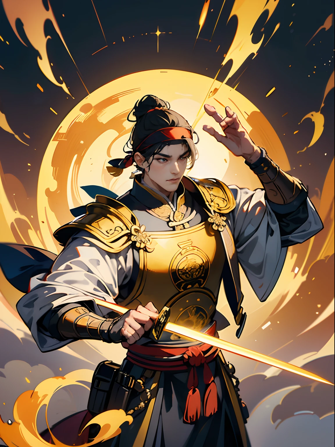 Chinese Ancient Times, Look up at the perspective,A middle-aged male, 50yearsold, Strong build,Headband helmet,Wearing gold armor, Standing in the clouds, A man holds a sword,Place one hand on your chest,looks into camera,august, Cinematic lighting, in a panoramic view, Masterpiece, ccurate, Super detail, Award-Awarded, Best quality,offcial art,统一 8k 壁纸,ultra - detailed,Beauty and aesthetics,tmasterpiece,best qualtiy,Realistis,(s fractal art),Epic scenes,A high resolution,(tmasterpiece),(best qualtiy