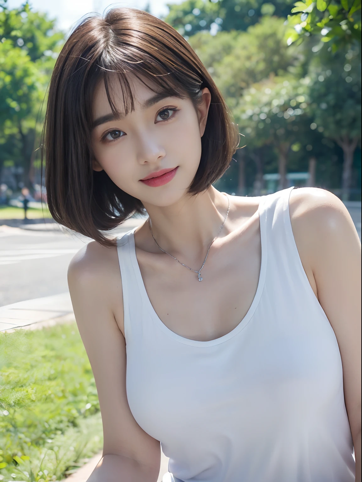 Masterpiece, Top Quality, (clear Photo: 1.3), Photorealistic, Yuguo, Hanaran, Hanaran, 1 Girl, extra short hair, sidelocks-hair, smiling face, earrings, necklace,