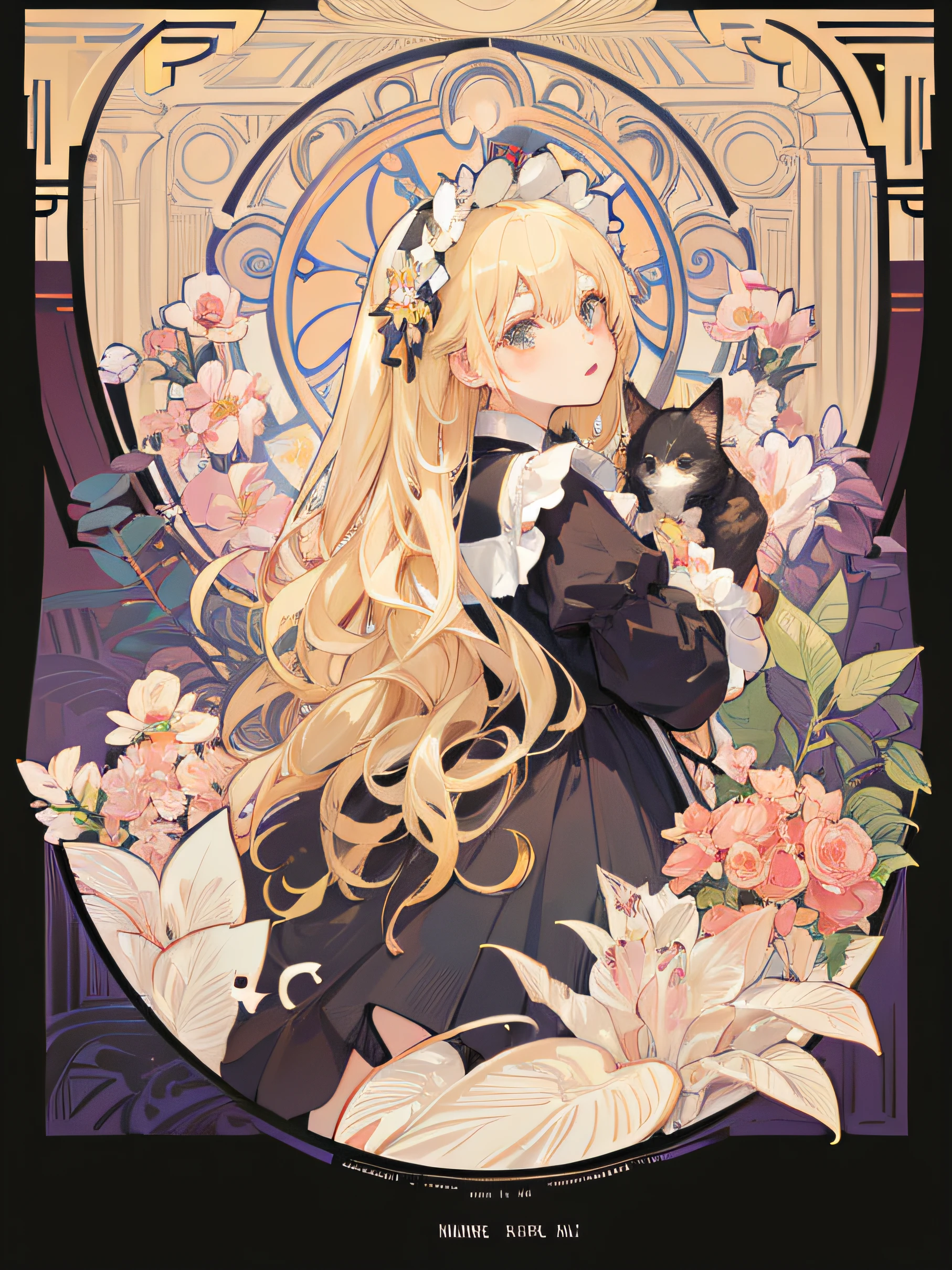 A little blonde girl dressed in Lolita，Holding a tsundere black kitten，Flower frame，Decorative panels，abstract artistic，An Alphonse Mucha's（tmasterpiece，HighestQuali，A high resolution：1.4），A detailed，Complicated details，4K，colored splashing，line art，Fibonacci，