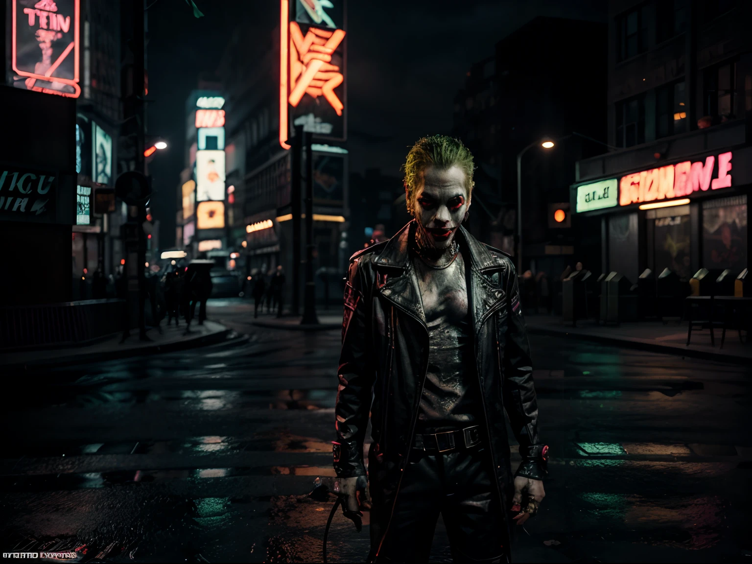 In a cyberpunk-infused New York Square, neon lights paint the surroundings in an eerie glow, depict a fierc Joker, Utilizing the iconic mantis blade,  Immerse the scene in an atmosphere of darkness and horror, amplifying the tension and chaos. Incorporate the flickering neon lights and shadows to enhance the unsettling ambiance