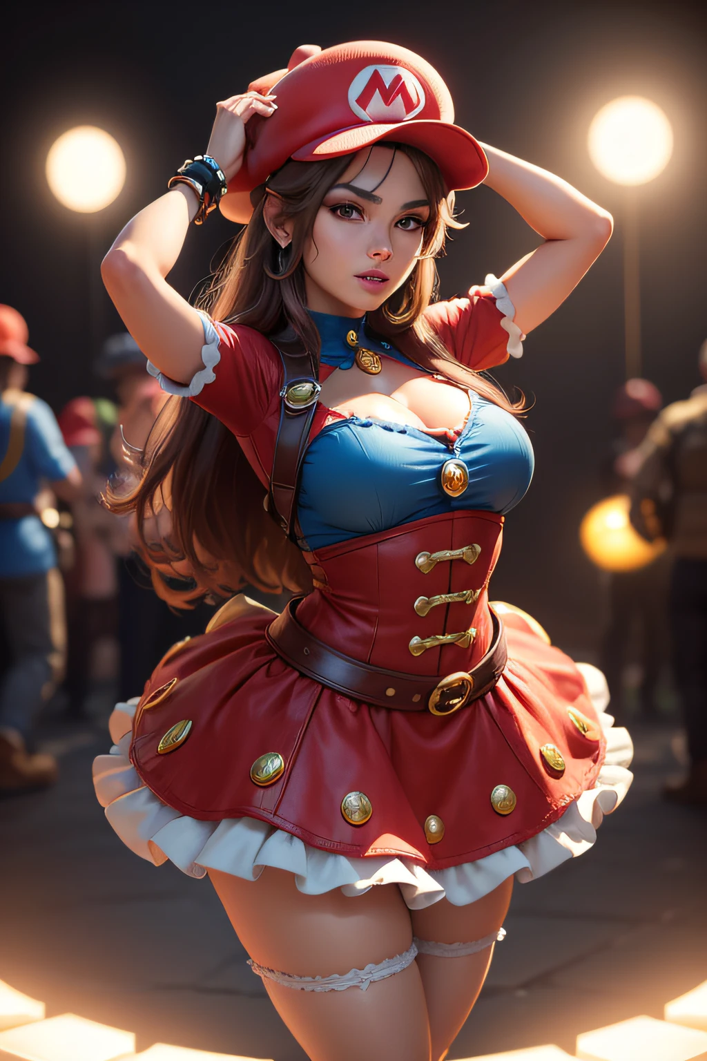 a woman with super Mario hat, wearing a super Mario costume, cute pose, detailed face, detailed body, red panty, detailed outfit (reality: 1.4), (A hyper-realistic), (high resolution), (8K), (highly detailed), ( Best Illustration), (detailed eyes), (ultra-detailliert), Bright lighting, Professional Lighting, scary face.