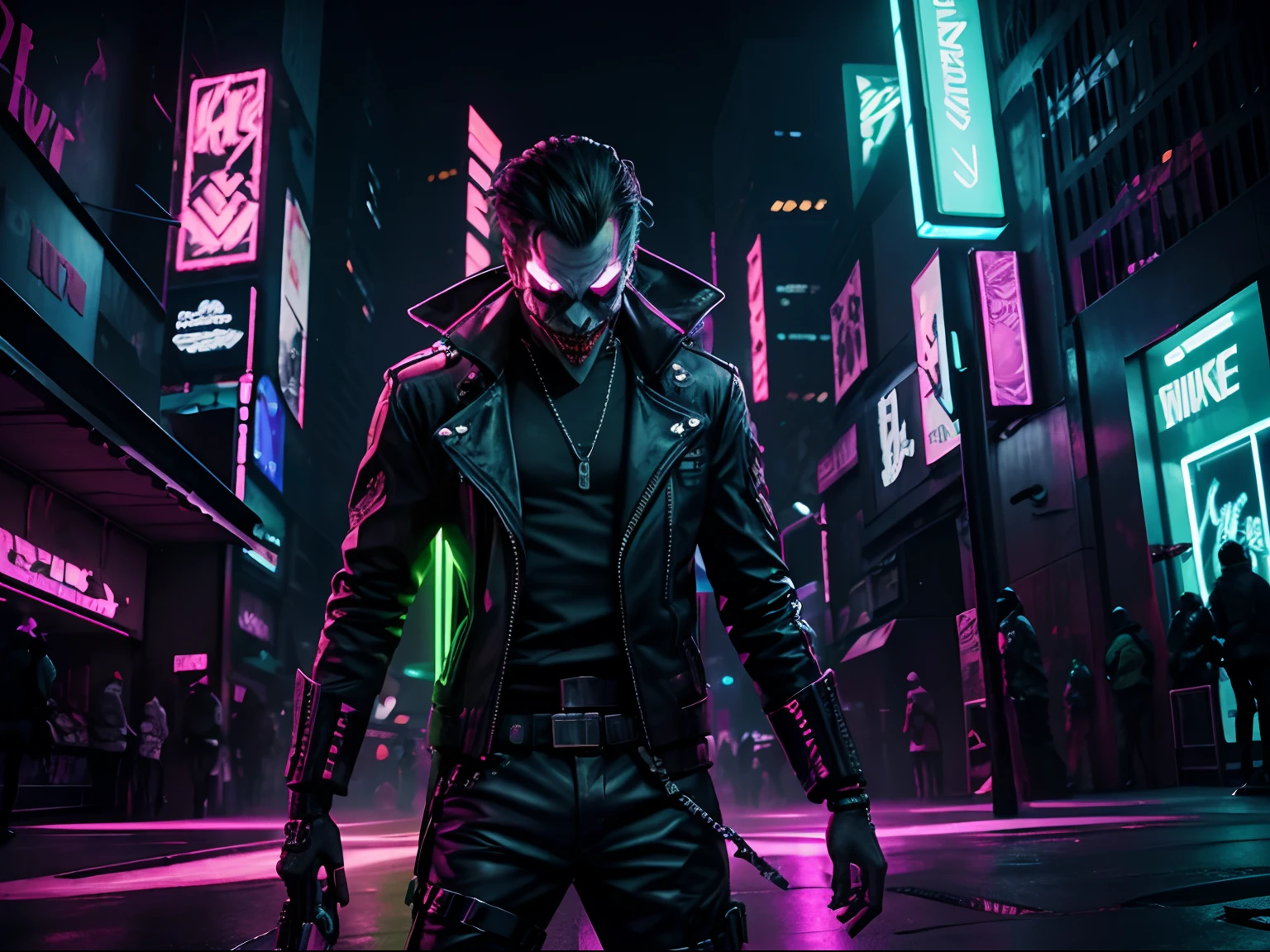 In a cyberpunk-infused New York Square, neon lights paint the surroundings in an eerie glow, depict a fierc Joker, Utilizing the iconic mantis blade,  Immerse the scene in an atmosphere of darkness and horror, amplifying the tension and chaos. Incorporate the flickering neon lights and shadows to enhance the unsettling ambiance