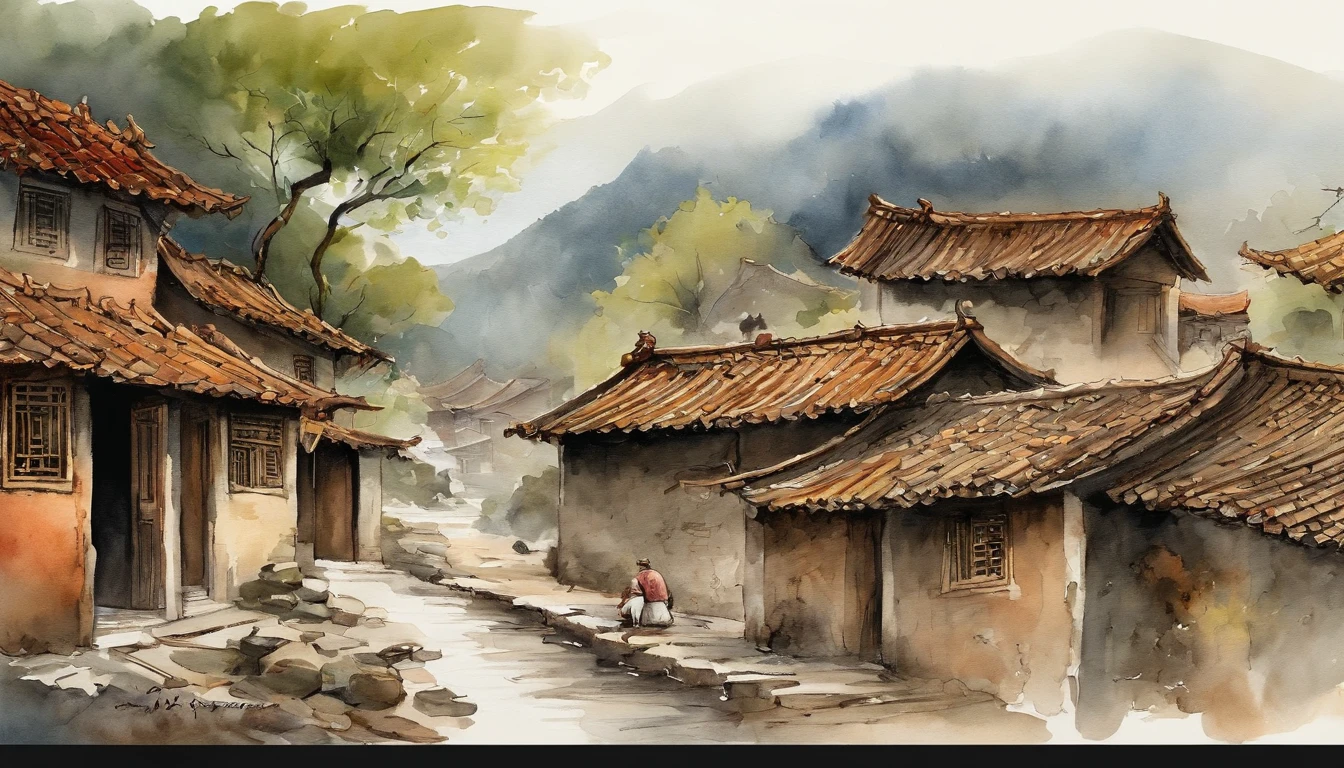 Chinese ink,Oriental ink style,The deserted and dilapidated town streets below the hill,A group of ragged farmers,Roadside streets,The crowd helped them leave,One-story building,Lower floors,Quadrangle,Courtyard type,super-fine,Carefully portrayed,high qulity,8K,