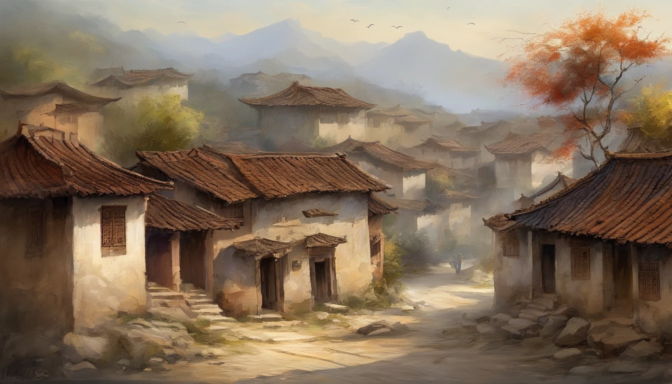 Chinese ink，Oriental ink style，The deserted and dilapidated town streets below the hill，A group of ragged farmers，Roadside streets，The crowd helped them leave，One-story building，Lower floors，Quadrangle，Courtyard type，super-fine，Carefully portrayed，high qulity，8K，