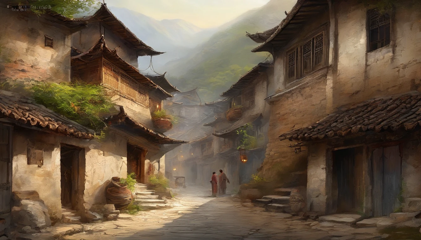 Chinese ink,Oriental ink style,The deserted and dilapidated town streets below the hill,A group of ragged farmers,Roadside streets,The crowd helped them leave,One-story building,Lower floors,Quadrangle,Courtyard type,super-fine,Carefully portrayed,high qulity,8K,