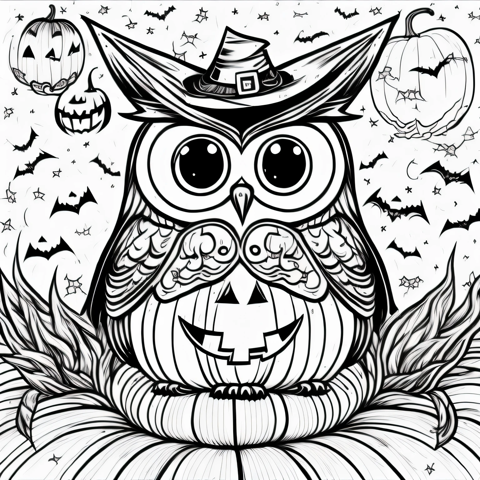 (halloween owl sitting on a pumpkin, owl wizard), COLR_001, intricate, cute, simple, white background, black and white, thin lines