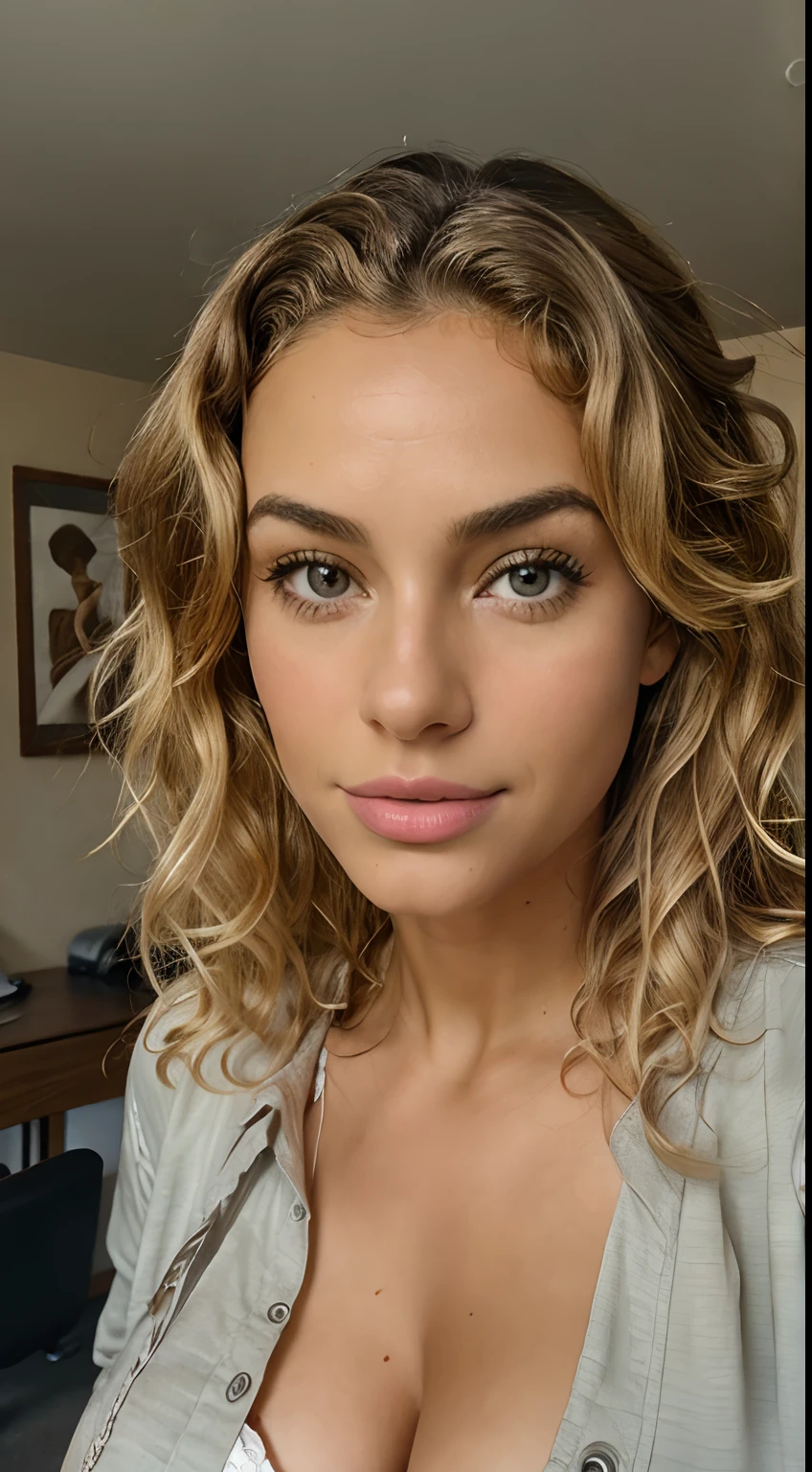 cuban woman Sandra Malek, curly blonde hair, blonde hair, curly hair, (realistic:1.5),photorealistic, best quality, hyper detailed, beautiful woman with natural blonde curly hair, eyes open, webcam photo angle, upper body, solo, wearing loungewear, no headphones, indoors, (night), cozy home, sat in gaming chair, (comfortable), skin texture with perky 30G boobs visible under clothing, film grain, close up, ultra high res, best shadow, RAW, instagram LUT. wide shot, shot from distance, holding pen, pen in hand, pen, (holding pen)hand