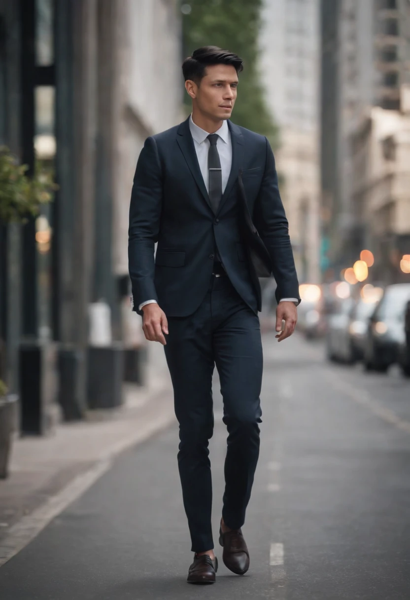 one business man walking on the road in the city , black short hair , full body , skinny
