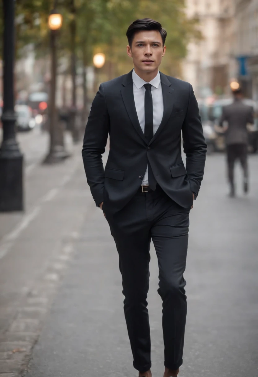 one business man walking on the road in the city , black short hair , full body , skinny