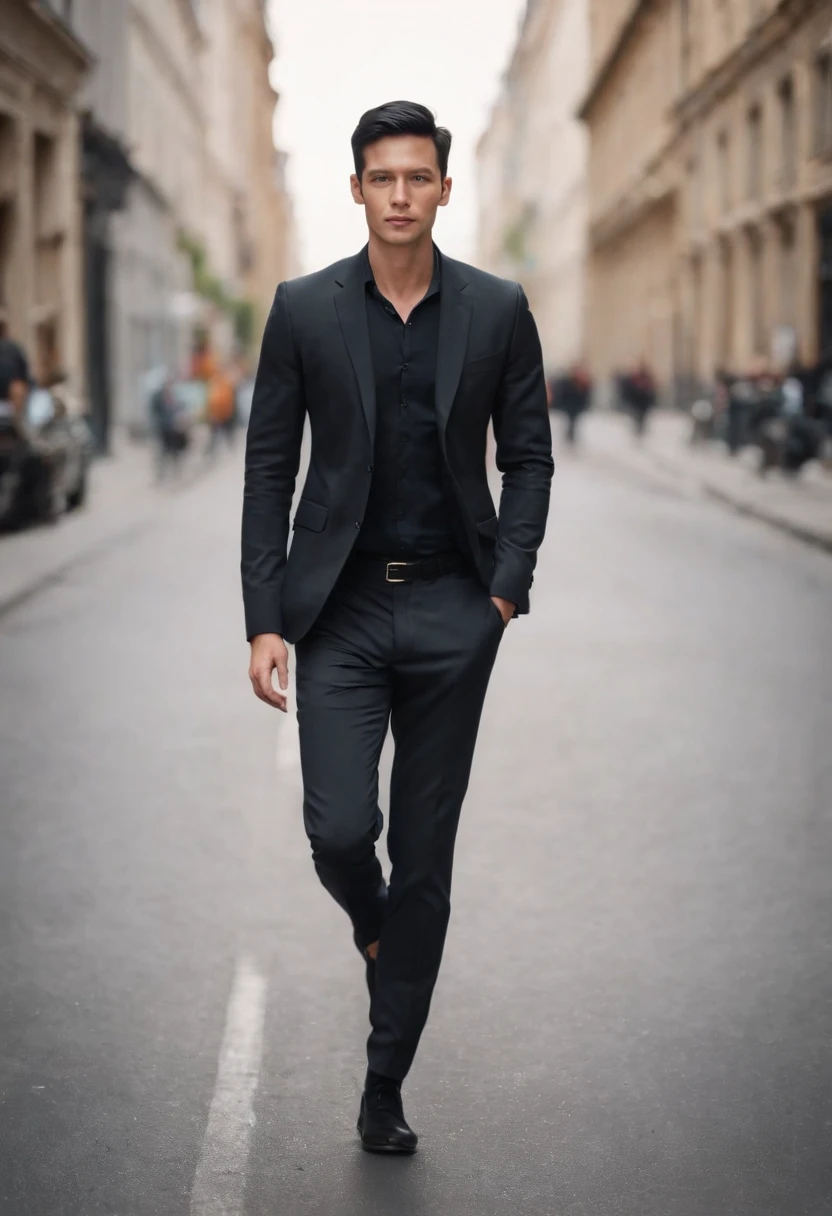 one business man walking on the road in the city , black short hair , full body , skinny