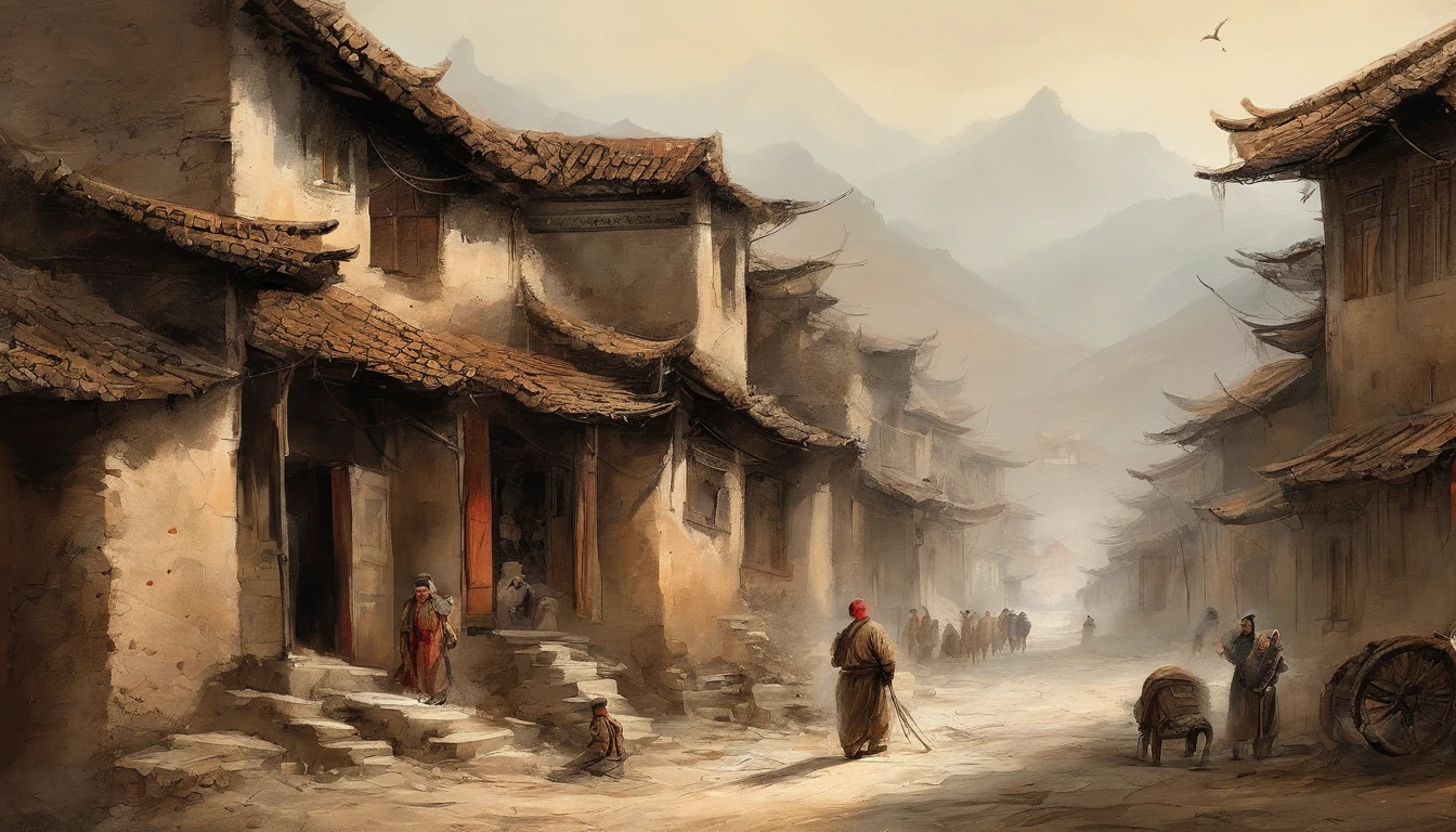 Chinese ink,Oriental ink style,The deserted and dilapidated town streets below the hill,A group of ragged farmers,Roadside streets,The crowd helped them leave,The war was ruined and ruined,super-fine,Carefully portrayed,high qulity,8K