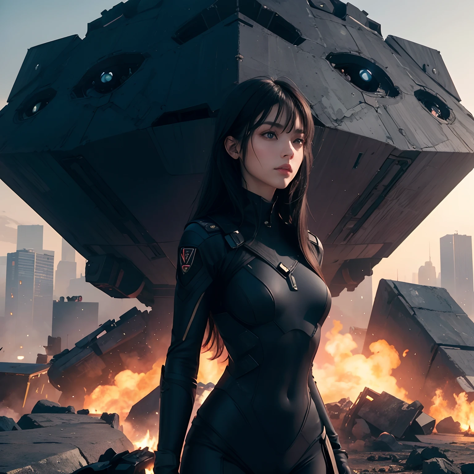 A beautiful woman. Detailed depiction of the face. Beautiful double eyes. The bridge of my nose. high nose thick lips. He has black hair that reaches down to his back. She is wearing black combat uniform. Behind the woman is a small spaceship, hexagonal in shape and black in color. The spaceship is landing in a city that has been reduced to a pile of rubble. 8K image quality. cyber punk.