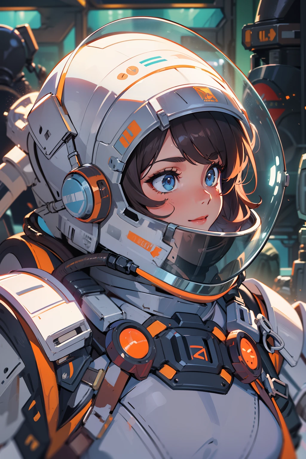 professional artwork, detailed eyes, beautiful eyes, large breasts, thick thighs, wide hips, beautiful face, flawless face, gorgeous face, smooth features, blush, short hair, beautifully detailed background, adventurous astronaut knight in bulky armored space suit, space suit looks like knight armor, space suit, thick heavy space suit, environment suit, hoses and tubes on suit, dials and switches, space suit backpack, nasa, nasa punk, nasapunk, astronaut, astronaut suit, cosmonaut, medieval knight, knight armor, leather armor and metal armor, mechanical background, sci fi, science fiction, futuristic, fantasy armor, full plate armor, medieval armor, knight helmet, knight visor, grilled faceplate, large helmet, big helmet, heavy collar, vacuum seal ring around neck, life support systems, rustic material, heavy stitching, thick leathers, armored breastplate, armored chest, leather gloves, rustic craftsmanship, adventurous, adventure, cute, smiling, shoulder pads, armor, white and orange outfit, heraldry, sides of head is shaved, cropped haircut, helmet on head, cassette futurism, gloved hands, bulky space suit, bulky suit, tubes and hoses, valves, mechanical, sword and shield, neon light, neon glow, neon, cuirass, pauldrons, chest armor, heavy metal chest armor, beam sword, large robot enemy, plasma sword, light saber, knight, dome helmet\