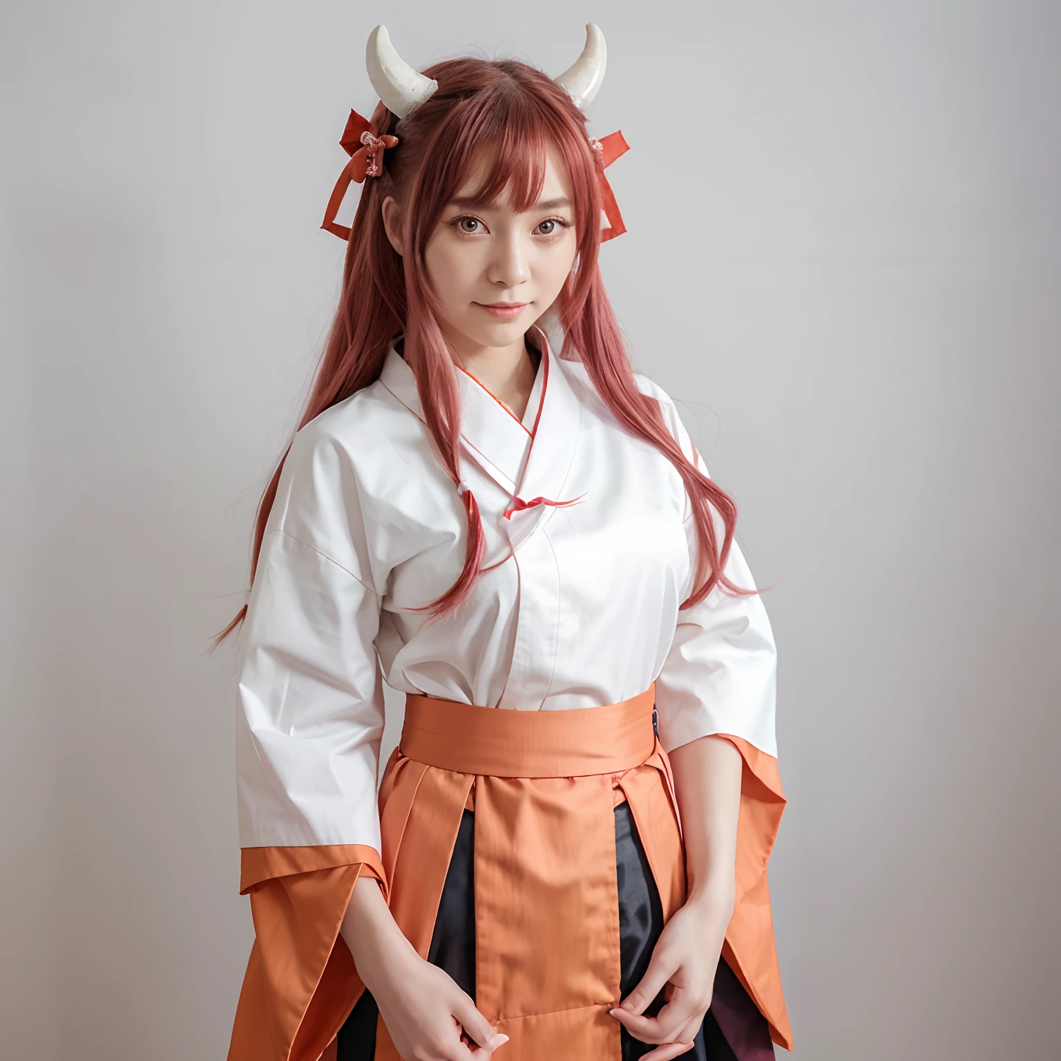 shuna, 1girl, arm behind back, hair ornament, hakama, hakama skirt, horns, japanese clothes, kimono, long hair, looking at viewer, miko, oni, oni horns, pink eyes, pink hair, red eyes, red hakama, red ribbon, ribbon-trimmed sleeves, ribbon trim, simple background, skirt, smile, solo, standing, very long hair, white background, white kimono, wide sleeves