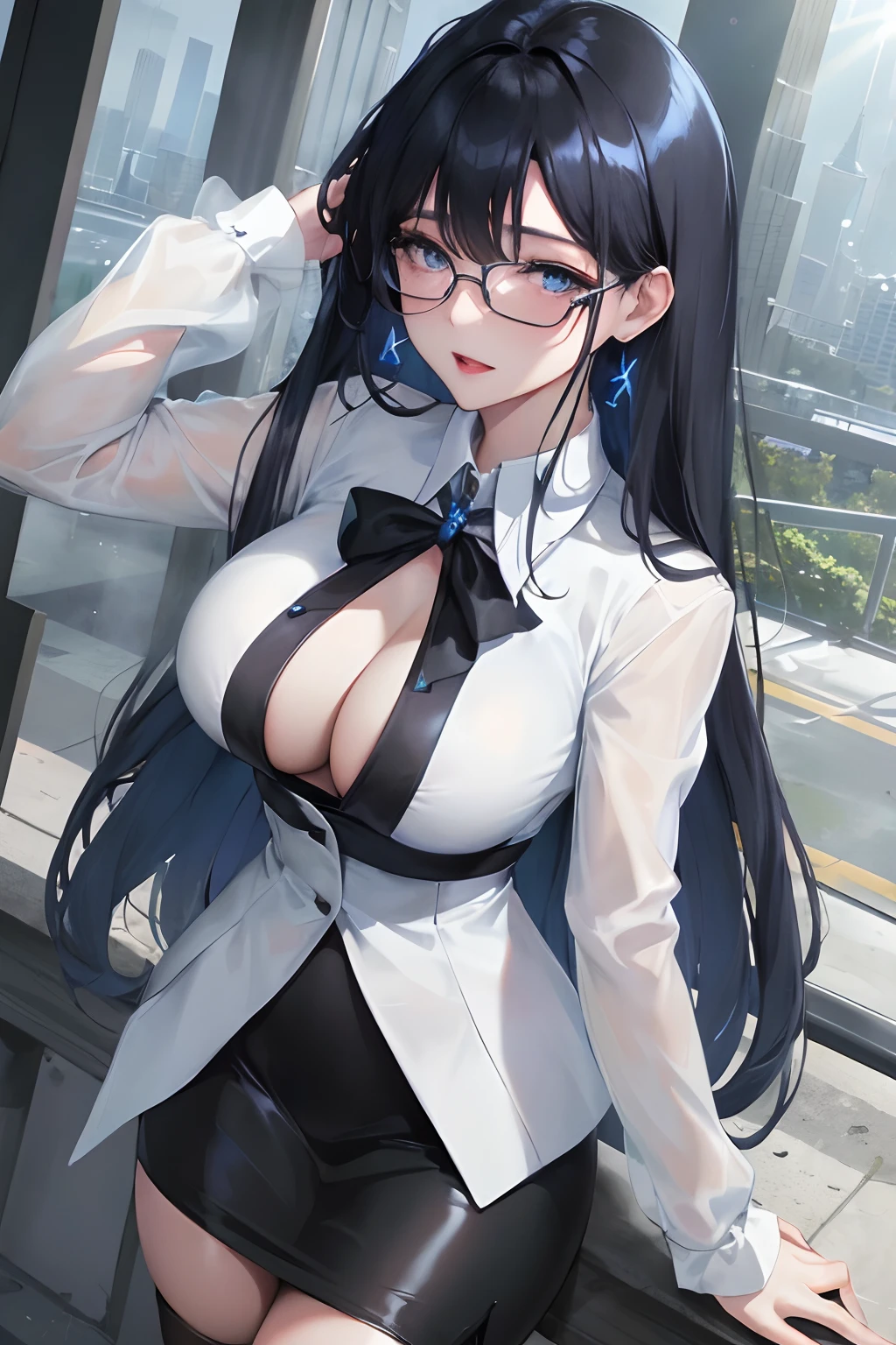 Official fine art,tmasterpiece,Sharp focus,(Beautiful gorgeous lovely Korean women:1.3),(beautiful lovely Korean people:1.3),Korean beauty teacher,Be between 28-30 years old,mature,Glasses with gold borders,Delicate and beautiful hair and eyes and face,realisticlying,ultra - detailed,a beauty girl,blue-sky,Glowing white particles,(side-lighting:1.2),rays of sunshine,baiyun,Detailed clouds,Slender,Sexy huge buttocks and breasts,The breasts leaked half out of the shirt,((Laugh and open your eyes)),scenecy,Long black hair, sexy facial expression, buliding, (At the school gate), Dynamic hair, Long straight hair, Black silky hair, glow blue eyes, (Black tight hip skirt+White color blouse), black lence stockings, paleskin, hair adornments, epic landscapes,