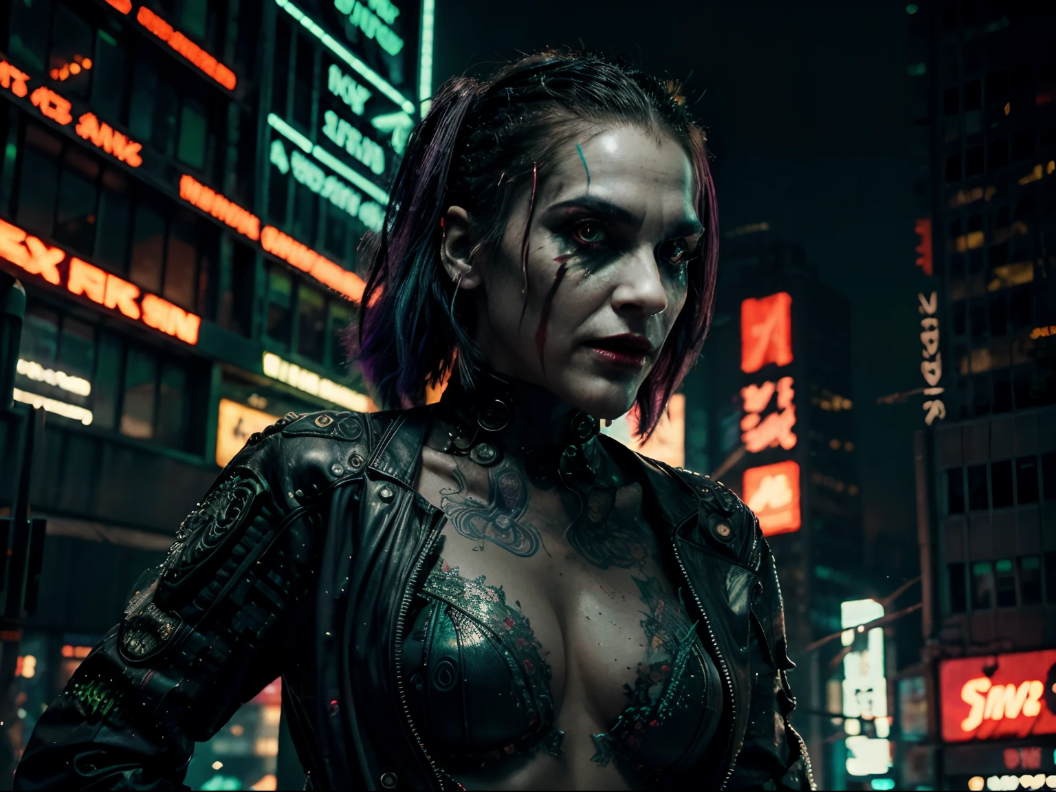 In a cyberpunk-infused New York Square, neon lights paint the surroundings in an eerie glow, portrait of depict a fierce Joker, Utilizing the iconic mantis blade, Immerse the scene in an atmosphere of darkness and horror, amplifying the tension and chaos. Incorporate the flickering neon lights and shadows to enhance the unsettling ambiance, (intricate insane details:1.3), ultra realistic,