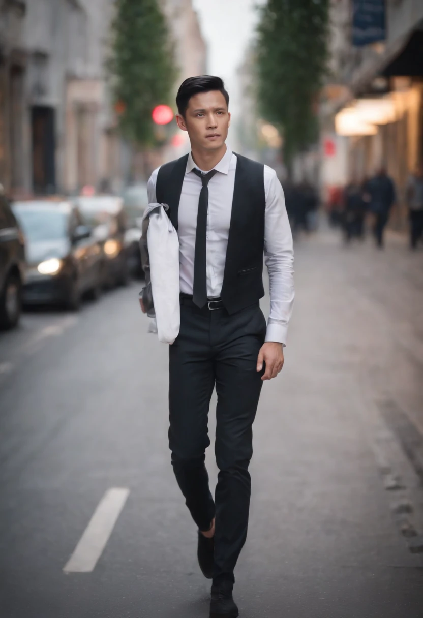 one business man walking on the road in the city , black short hair , full body , skinny , non blurry background , black eyes