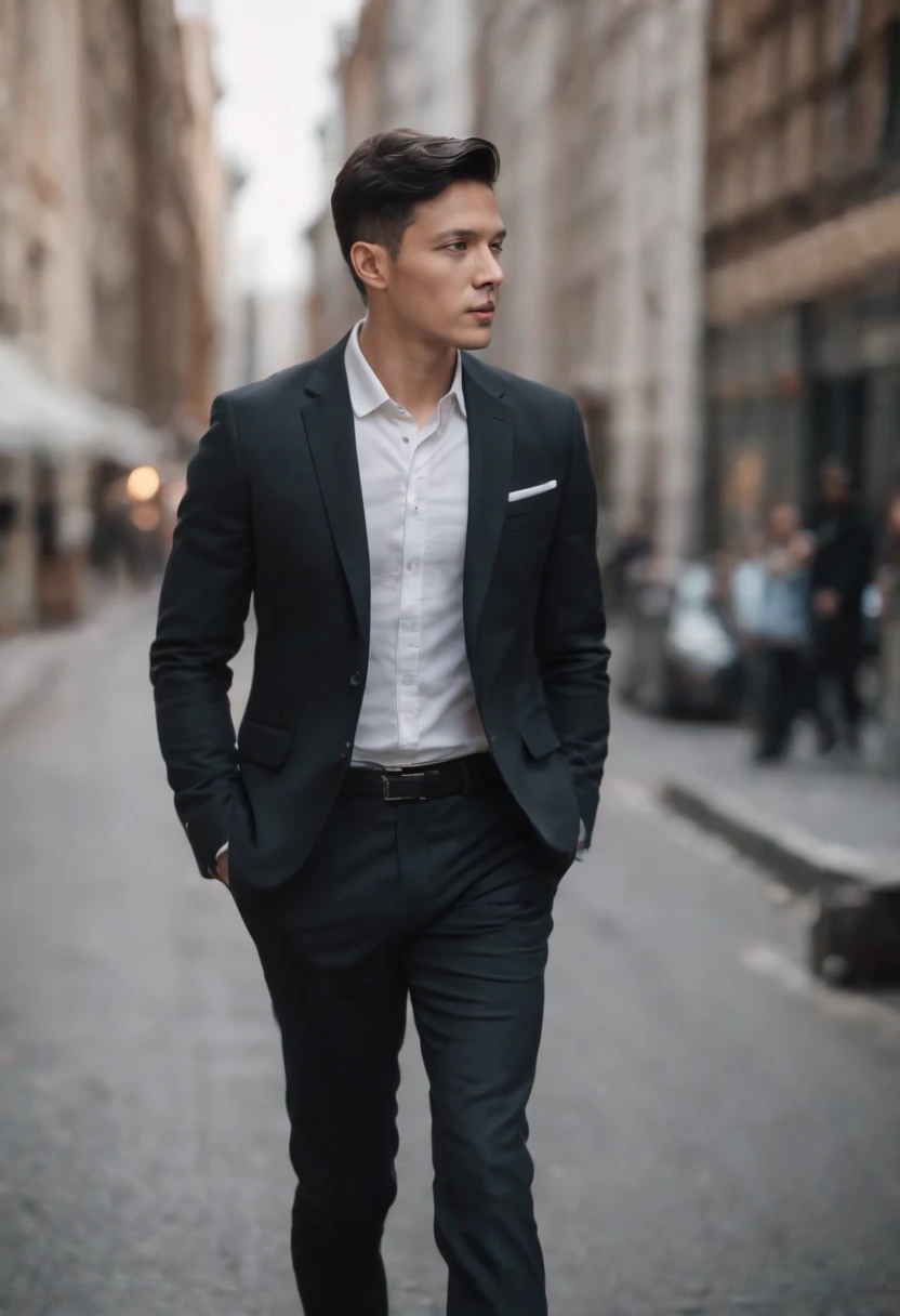 one business man walking on the road in the city , black short hair , full body , skinny , non blurry background , black eyes