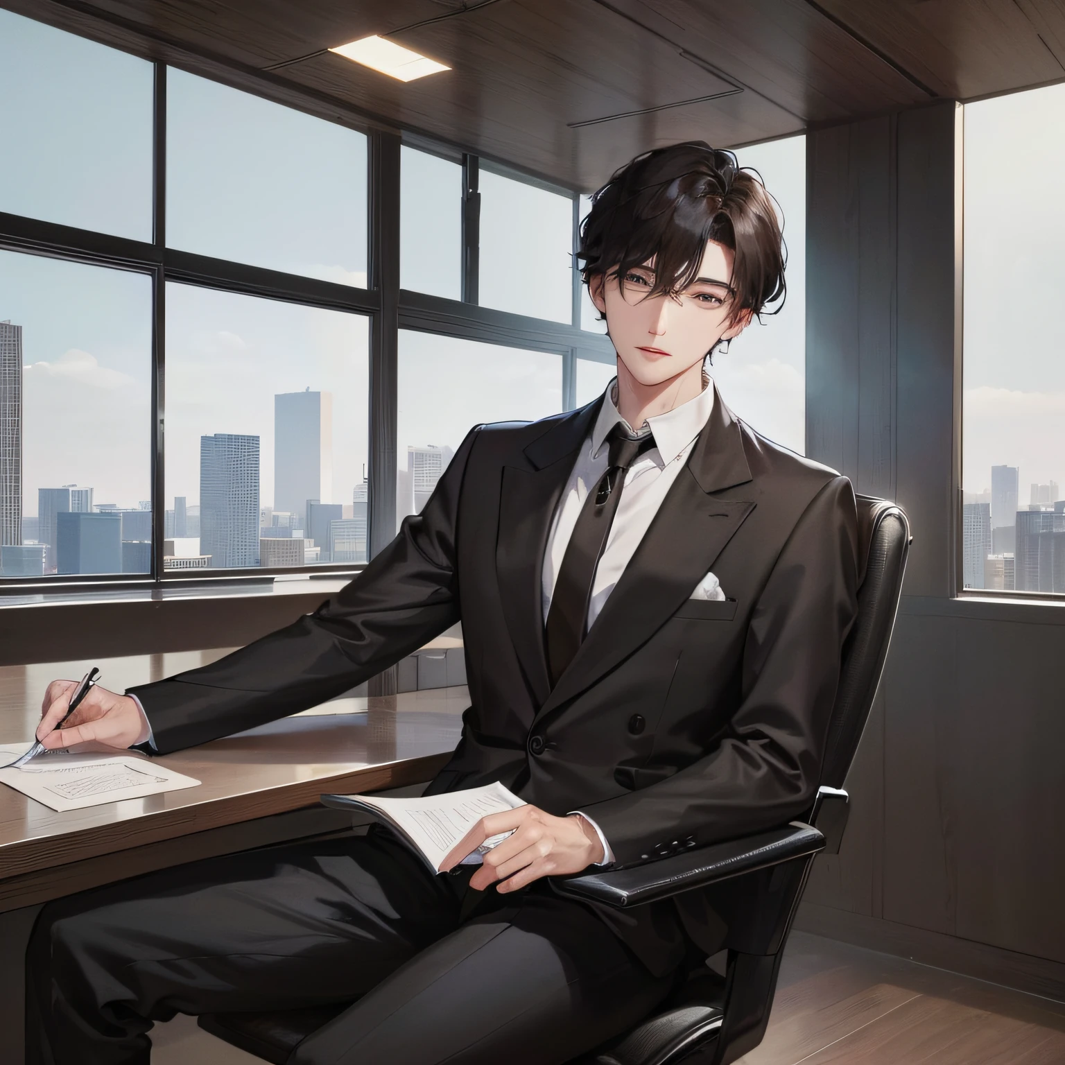 The son of a company boss。He stood by the window of his luxurious office,High-rise buildings and city night view in the background。He wears a well-tailored suit,Neat and elegantly dressed。His hairstyle is neat,Appears competent and confident。
The son of the boss of this company exudes a sense of confidence and authority。He sat in a large leather office chair,A pen in his hand,It may be working on important documents or signing contracts。His eyes were firm and focused,Seems passionate and responsible for his work。He may also have assistants or other employees by his side,They maintain a polite and professional working atmosphere。