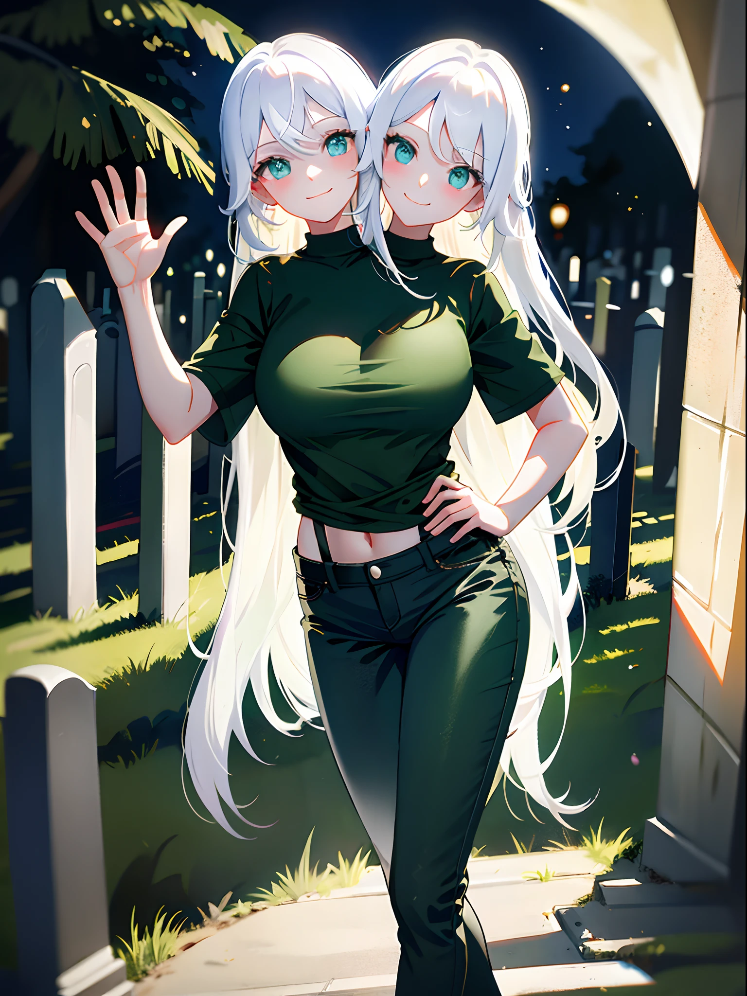 (masterpiece, best quality), best resolution, (2heads:1.5), 1girl, ghost, translucent body, shy, white hair, green eyes, shy smile, black t-shirt, tan pants, waving at the viewer, cemetery, at night, moonlight, dark environment