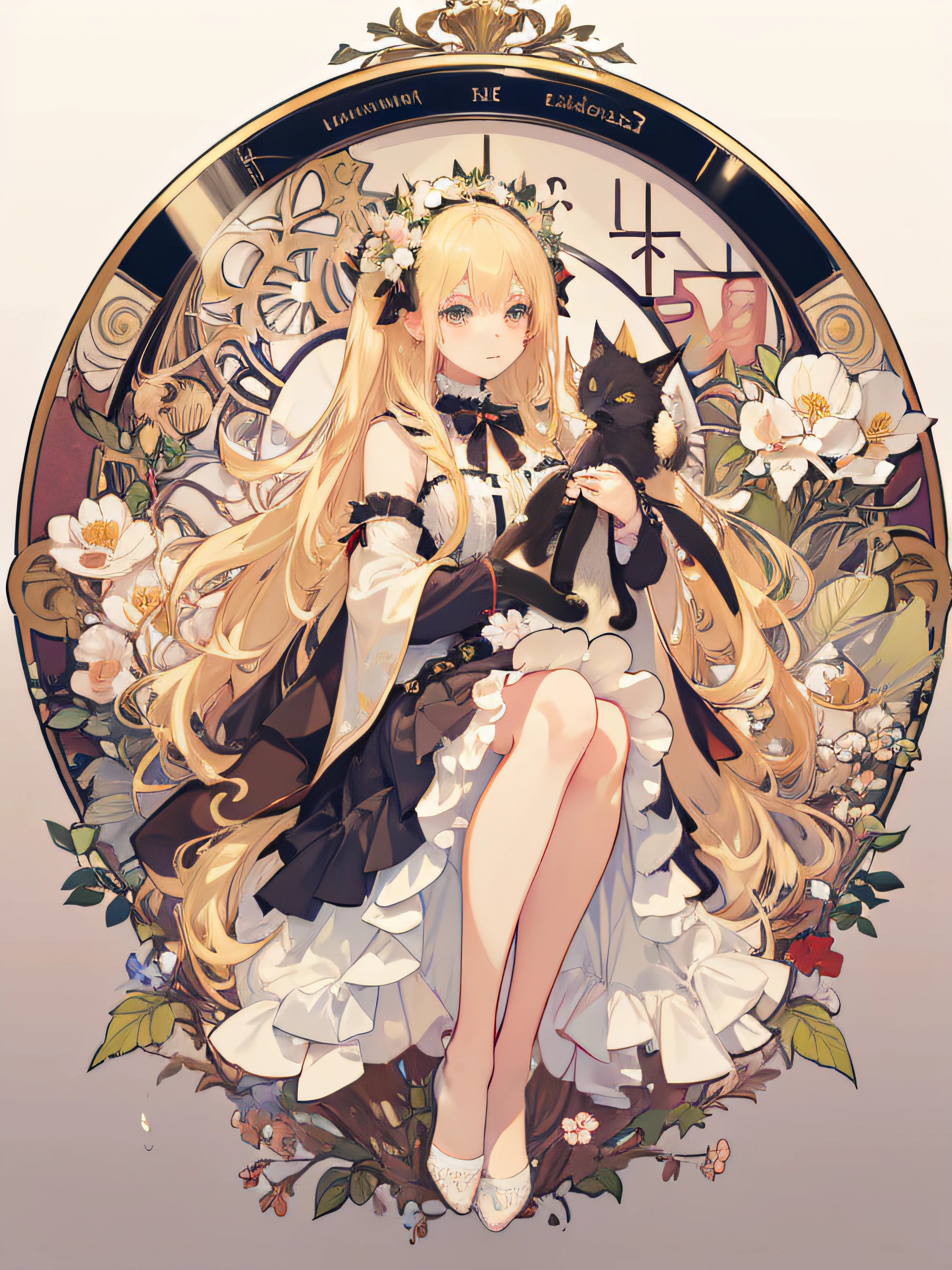 A little blonde girl dressed in Lolita,Holding a tsundere black kitten,Floral frame,Decorative panels,abstract artistic,An Alphonse Mucha's(tmasterpiece,top-quality,A high resolution:1.4),A detailed,complexdetails,4K,colored splashing,line art,Fibonacci