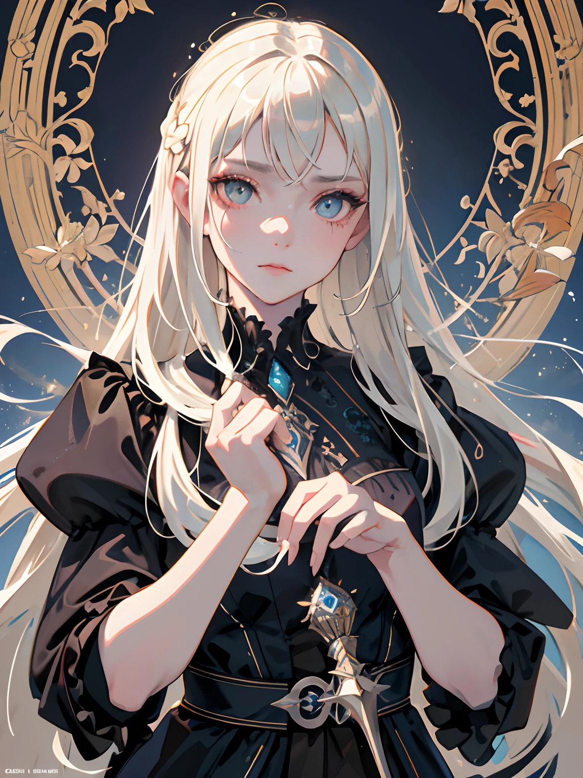 ((masterpiece, best quality)), (1girl), (solo), (female focus), (ash blonde hair, long hair), green eyes, arms behind back, sad eyes, cold facial expression, cold look, gothic dress, pale skin, colour grading, dark illustration, extreme quality, radiant, extremely detailed, ultra-detailed face, ultra hd 8k, ultra digitality, mythical, dark lightning, perfect face, beautiful, (perfect composition: 1. 4), detailed face and body, award-winning photography , fields, detailed face, detailed hands, looking at the viewer, cinematic lighting, embers, fantasy background, water splashes, foggy haze, (necromancer), (villain), faux traditional media, (masterpiece, best quality, ultra-detailed, best shadow), (beautiful detailed face, feminine features), (best illumination), ((cinematic light)), colorful, hyper detail, dramatic light, intricate details, (dark circle under eyes), gothic, decadence, stunning, eerie