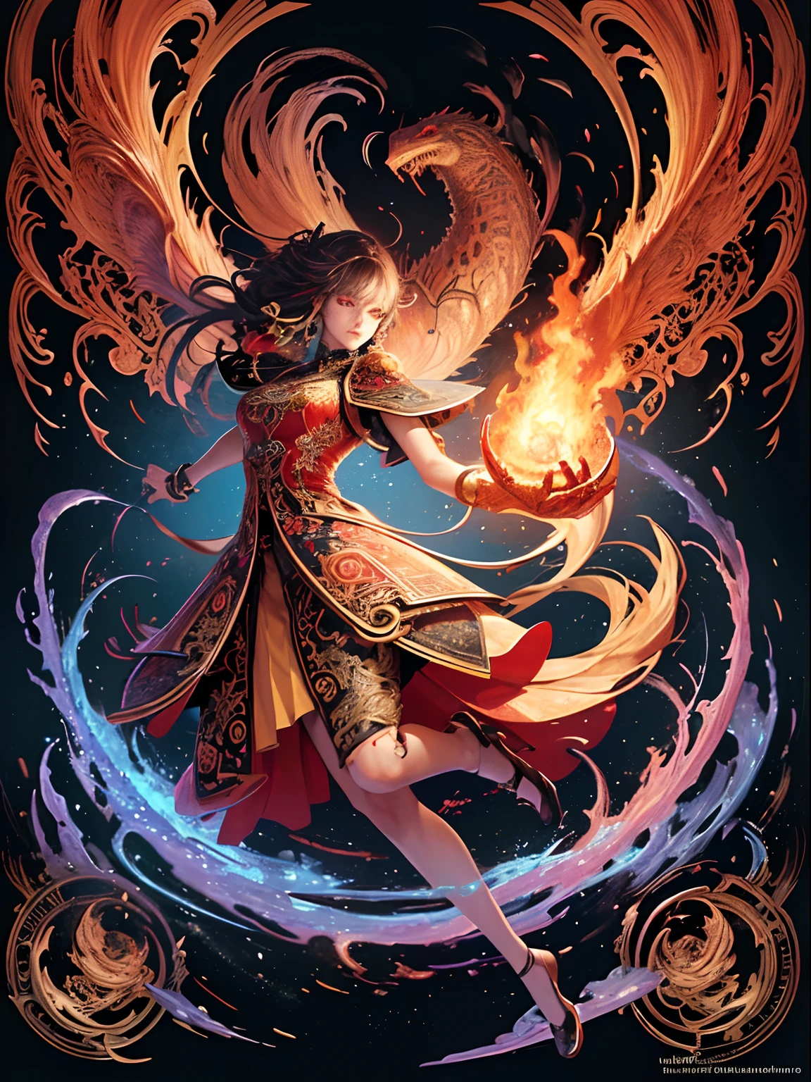 Official art, 统一 8k 壁纸, ultra-detailliert, Beautifully Aesthetic, masterpiece, top-quality, (Zentangle, a Mandala, Tangles, Entanglement), (Fractal Art: 1.3), 真实感, (masterpiece, top-quality, top-quality, Official art, beauty and aesthetic: 1.2), ighly detailed, Fractal Art, colourfull, best detailed, Zentangle, (Abstract background: 1.5)(1womanl: 1.3), Deities々, (red eyes glowing), Mystical, (Fire magic)、Yellow Spring Hell, Flame lizard