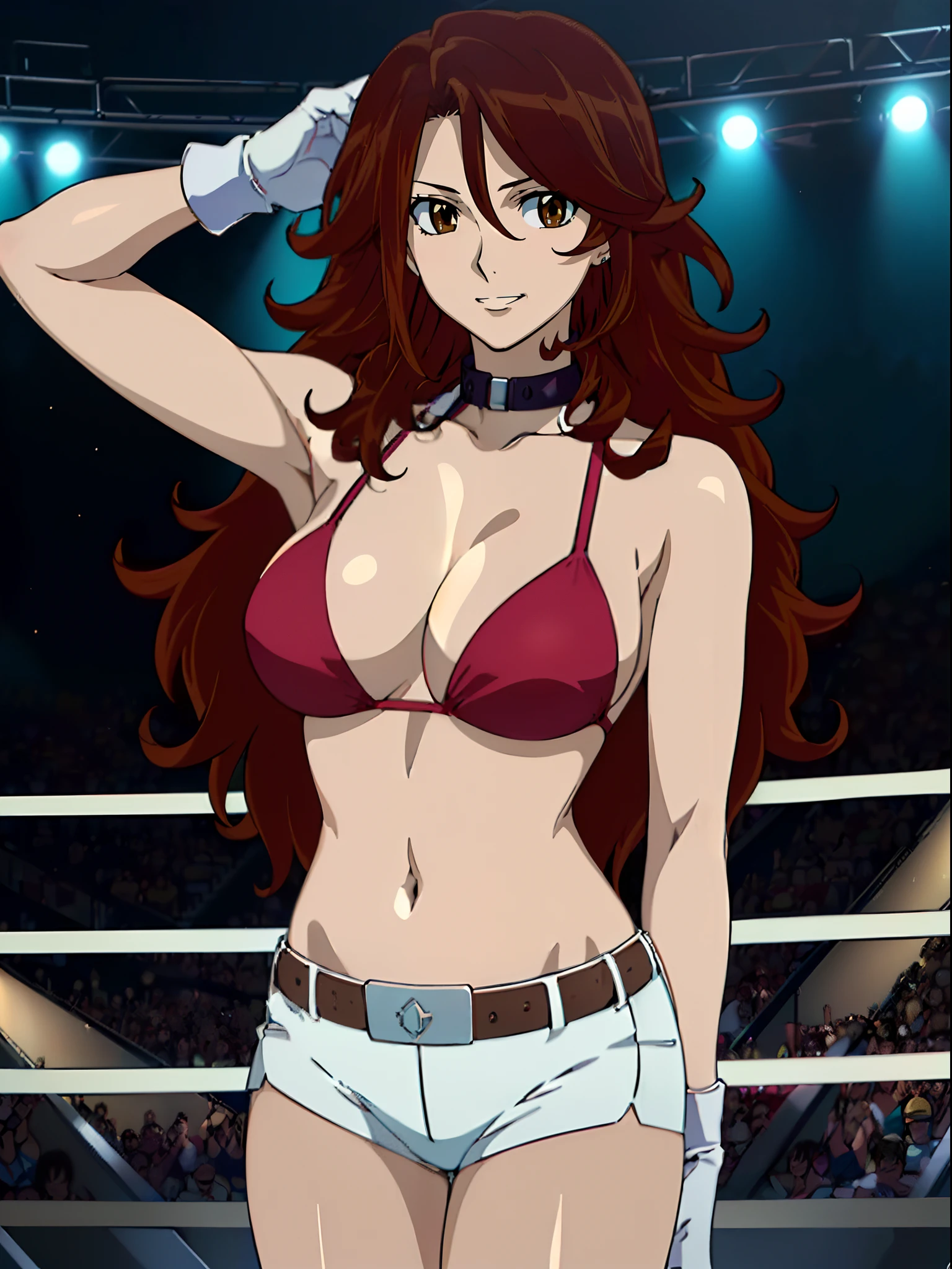 Best Quality, hires, curvy midsection, solo, 1 girl, strong woman, female wrestler, smile, happy), (detailed titration screen, upper body only, anime style: 1.8, anime drawing, ultra detailed face, ultra detailed body, 4k, Sumergai Lee Noriega, (standing), best quality, anime style, hires, highest definition, digital blending, bold drawing lines, ((wwe diva), ((location: wrestling arena, crowds watching)), ( pro female wrestler, long attractive belly, slim body, (strong arm muscles), broad shoulders , off-shoulders, closed fists, (very curvy: 2.8)), ((elegant red bikini , shorts, white gloves, collar, arm band, (champion belt))), (pale skin, big breasts, closed mouth, teeth), (big eyes, brown eyes, shiny eyes), (), (reddish hair, loose hair, curly hair, wavy hair, long hair, missy hair), 27 years old