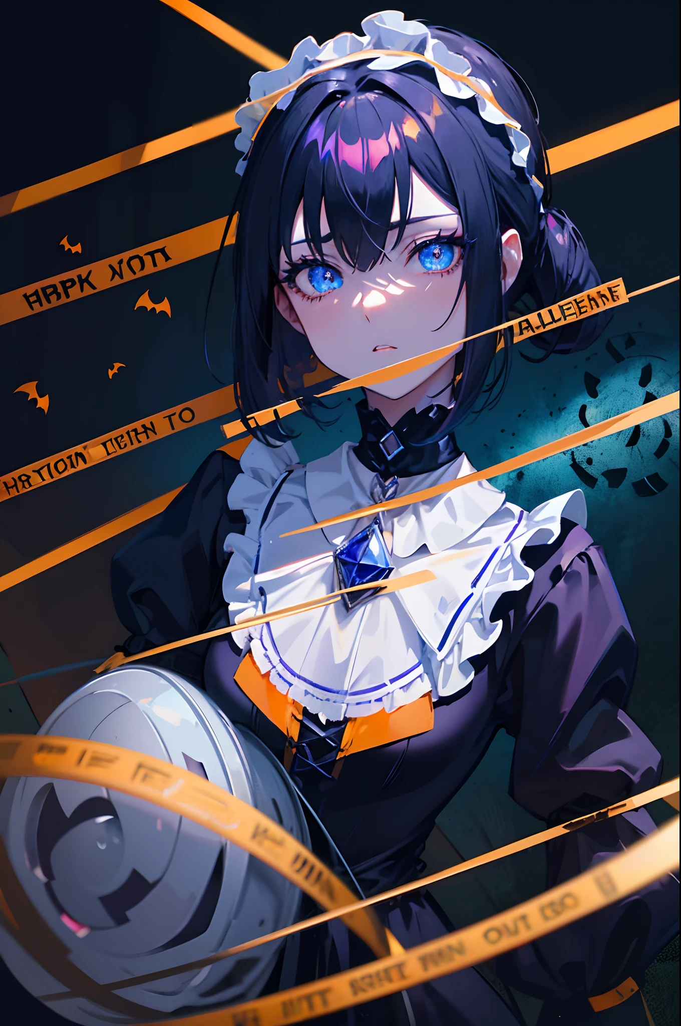Dark hair　blue eyess　poneyTail　borgar　Halloween　maid clothes　Witch's broom　pumpkins　​masterpiece　Top image quality　Clear　anime colours　cinematic shadow　Increased attractiveness of the eyes　Clear the shine of the eyes　Draw eyelashes neatly　Perfect Eye　A detailed eye　Sharpen image quality　Sharpen eye writing　Clear eye shape