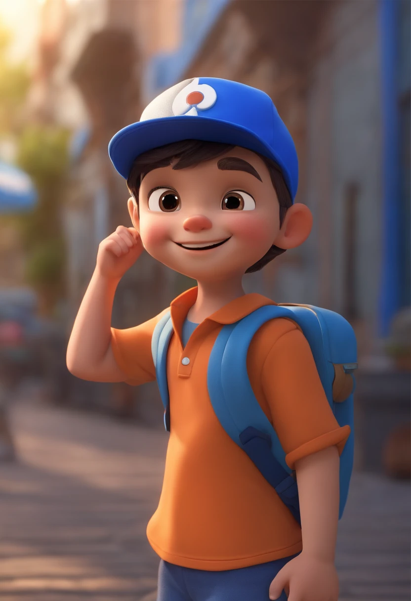 A happy cute boy standing short hair with dark blue cap , vestindo uma camisa azul , , fundo branco, barnet, Tom, Estilo Pixar, ......3d, desenhos animados, rosto detalhado, asymmetrical 16k