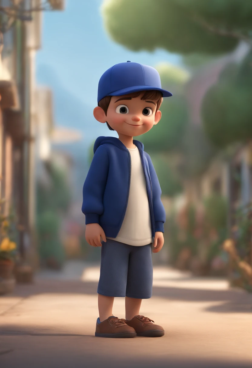 A happy cute boy standing short hair with dark blue cap , vestindo uma camisa azul , , fundo branco, barnet, Tom, Estilo Pixar, ......3d, desenhos animados, rosto detalhado, asymmetrical 16k