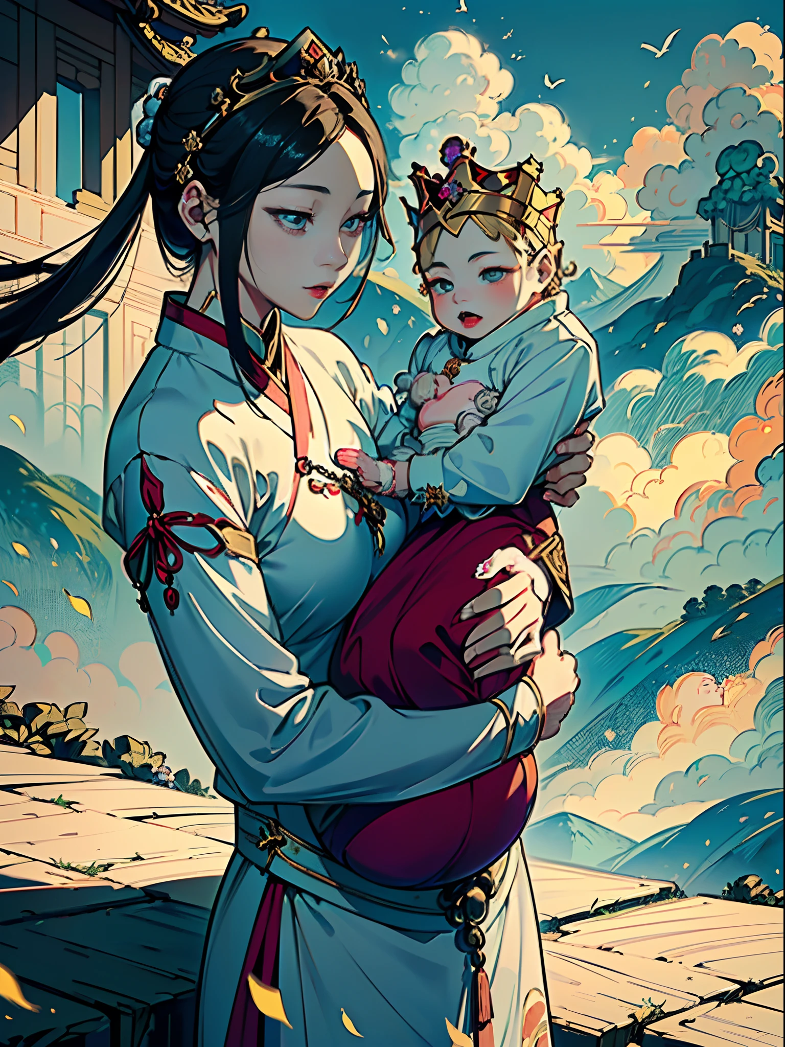 (masterpiece, top quality, Guanyin Bodhisattva，The beautiful 16-year-old Chinese queen( holds a baby prince:2.0) wearing shavings in her arms, Straight eyes, radiating a brilliant aura, Rosary handle, Crown Team, (Systemic: 2.0), Stand in the cloud, full body