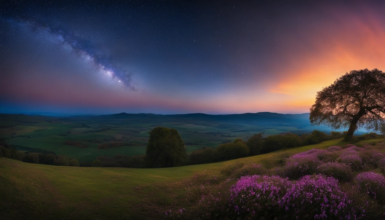 Une grande photo de paysage (vue d'en bas, le ciel est au-dessus et le champ est en dessous), une jeune fille debout sur un champ de fleurs regardant vers le haut, (pleine lune : 1,2), (meteor : 0,9), (nebula : 1,3), montagnes lointaines, arbres BREAK Crafting Art, (Warm Light : 1,2), (Luciole : 1,2), lights, beaucoup de violet et d'orange, intricate high detail, volumeric lighting (BREAK) шедевр : 1,2), (beste-Qualit), 4K, Ultra detailded, (composition dynamique : 1,4), Rich in detail and color, (couleur arc-en-ciel : 1,2), (lueur, atmospheric lighting), dream-like, magique, (solo : 1,2)