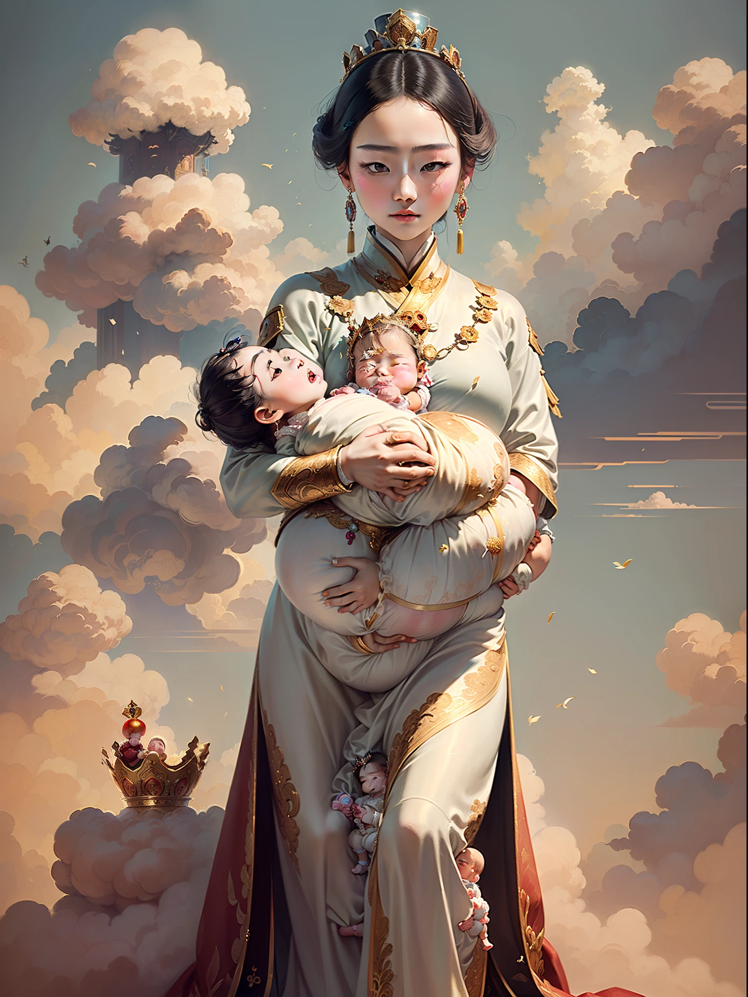 (masterpiece, top quality, The beautiful -yeld Chse queen( holds a baby prin.0) wearing shavings in her arms, Straight eyes, radiating a brilliant aura, Rosary handle, Crown Team, (Systemic: 2.0), Stand in the cloud, full body