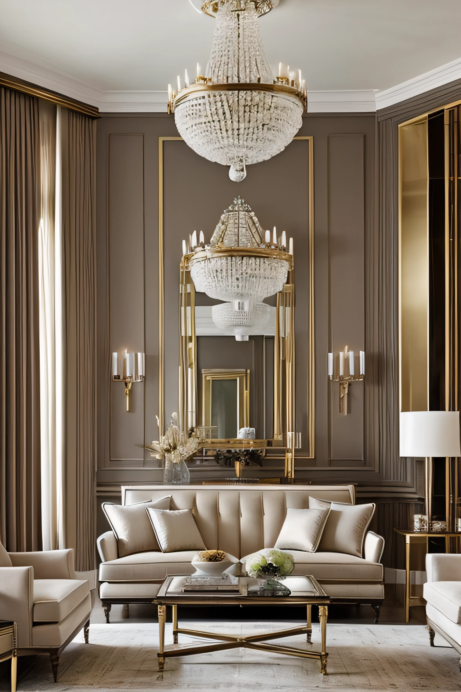 living room, chandelier, Kelly Wearstler, classic style