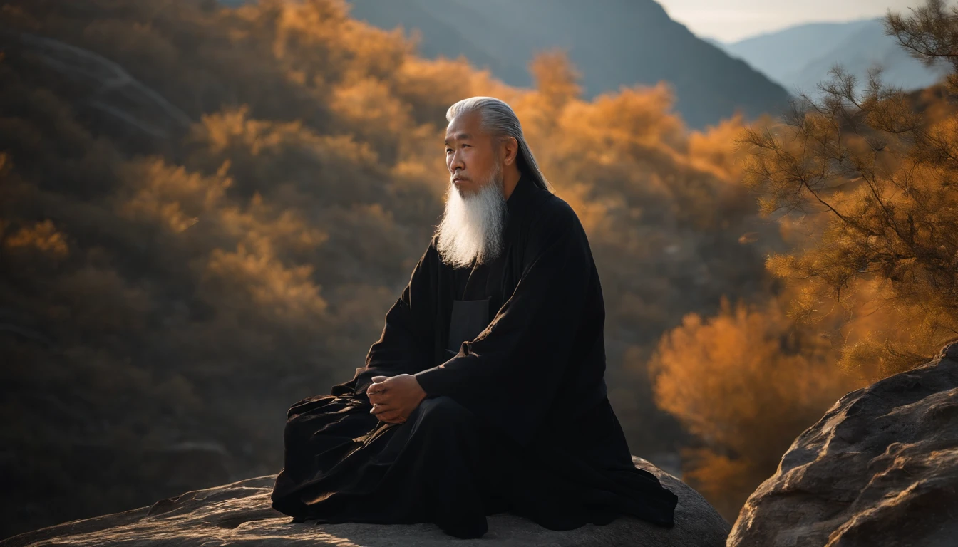 Close-up of a young Chinese Taoist leader sitting on a rock,Long, Whtie hair，lbeard，Meditation cross-legged，Taoism, wearing long black robe，magical aura，Taoist master,Taoist，Not centered，facing at camera，Very bright colors, Light particles, There is bright light, Mshiv, wallpaper art, ultra HD wallpaper