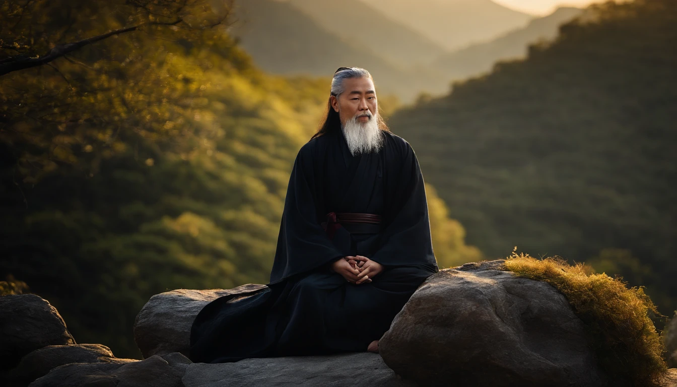 Close-up of a young Chinese Taoist leader sitting on a rock,Long, Whtie hair，lbeard，Meditation cross-legged，Taoism, wearing long black robe，magical aura，Taoist master,Taoist，Not centered，facing at camera，Very bright colors, Light particles, There is bright light, Mshiv, wallpaper art, ultra HD wallpaper