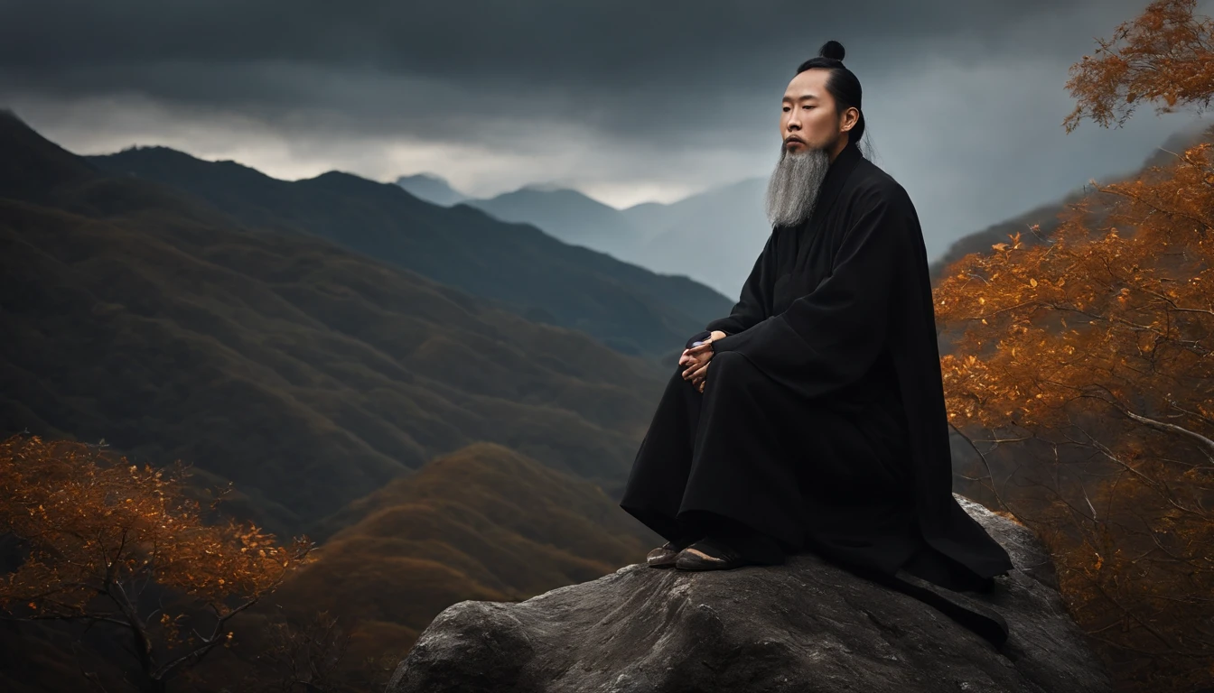 Close-up of a young Chinese Taoist leader sitting on a rock,Long, Whtie hair,lbeard,Meditation cross-legged,Taoism, wearing long black robe,magical aura,Taoist master,Taoist,Not centered,facing at camera,Very bright colors, Light particles, There is bright light, Mshiv, wallpaper art, ultra HD wallpaper