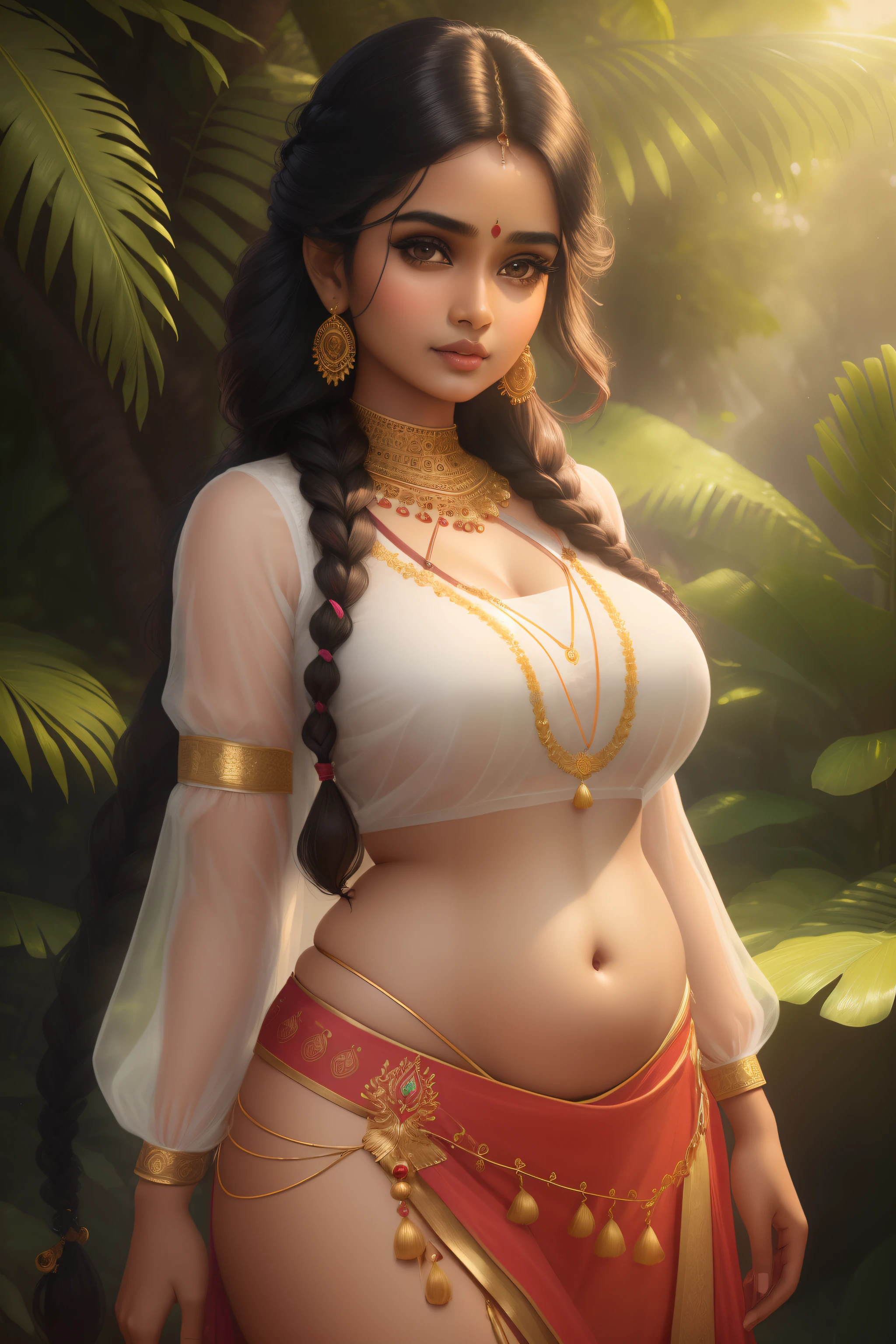 Beautiful young indian woman, wearing sexy blouse and skirt, portrait, , showing the back bidy, detailed face, cute, big eyes, iconic, photorealistic, tropical forest, big chest, big belly, braid hair, symmetric face, masterpiece, 8k, ultra realistic, detailed background, palace, god rays, ambient occlusion