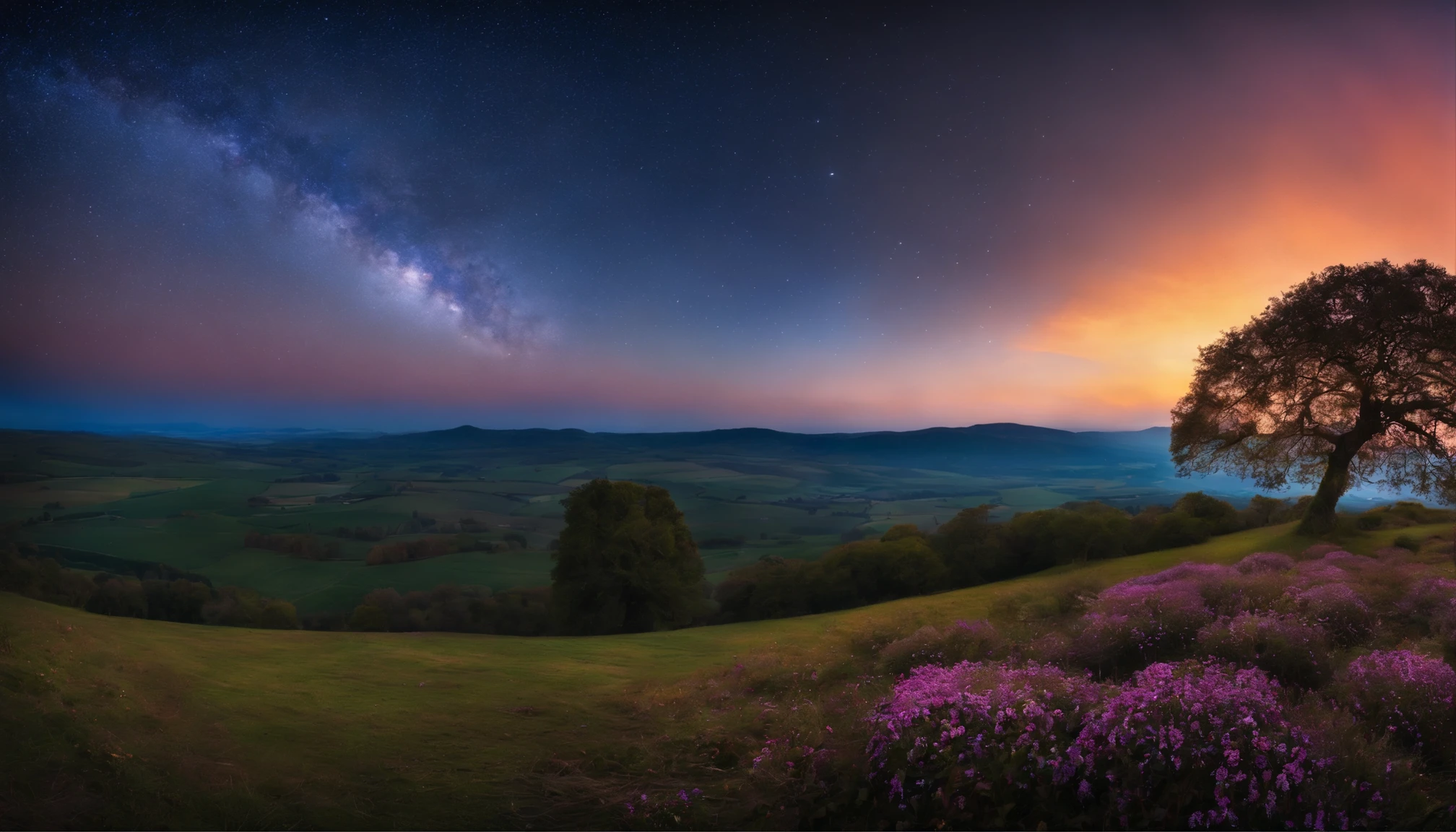 Une grande photo de paysage (vue d'en bas, le ciel est au-dessus et le champ est en dessous), une jeune fille debout sur un champ de fleurs regardant vers le haut, (pleine lune : 1,2), (meteor : 0,9), (nebula : 1,3), montagnes lointaines, arbres BREAK Crafting Art, (Warm Light : 1,2), (Luciole : 1,2), lights, beaucoup de violet et d'orange, intricate high detail, volumeric lighting (BREAK) tmasterpiece : 1,2), (beste-Qualit), 4K, Ultra detailded, (composition dynamique : 1,4), Rich in detail and color, (couleur arc-en-ciel : 1,2), (lueur, atmospheric lighting), dream-like, magique, (solo : 1,2)