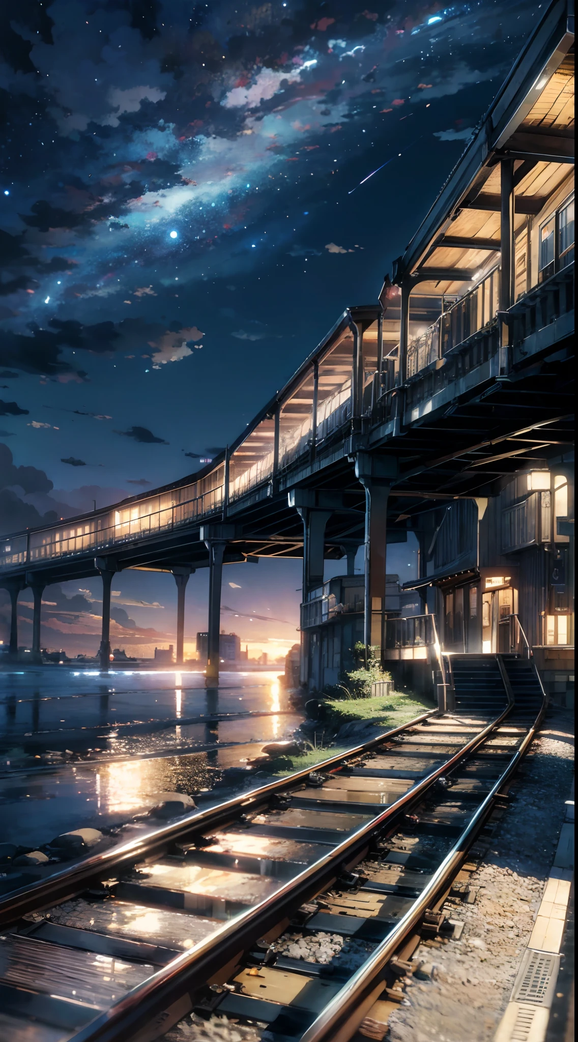 High quality masterpiece, landscape, anime train passing through bodies of water on tracks, bright starry sky. BREAK Romantic train, pixiv, concept art, lofi art style, reflection. by Makoto Shinkai, lofi art, Beautiful anime scene, BREAK Anime landscape, detailed scenery —width 672, in style of Makoto shinkai, style of Makoto shinkai, enhanced details, BREAK,Detailed,Realistic,4k highly detailed digital art,octane render, bioluminescent, BREAK 8K resolution concept art, realism,by Mappa studios,masterpiece,best quality,official art,illustration,ligne claire,(cool_color),perfect composition,absurdres, fantasy,focused,rule of thirds