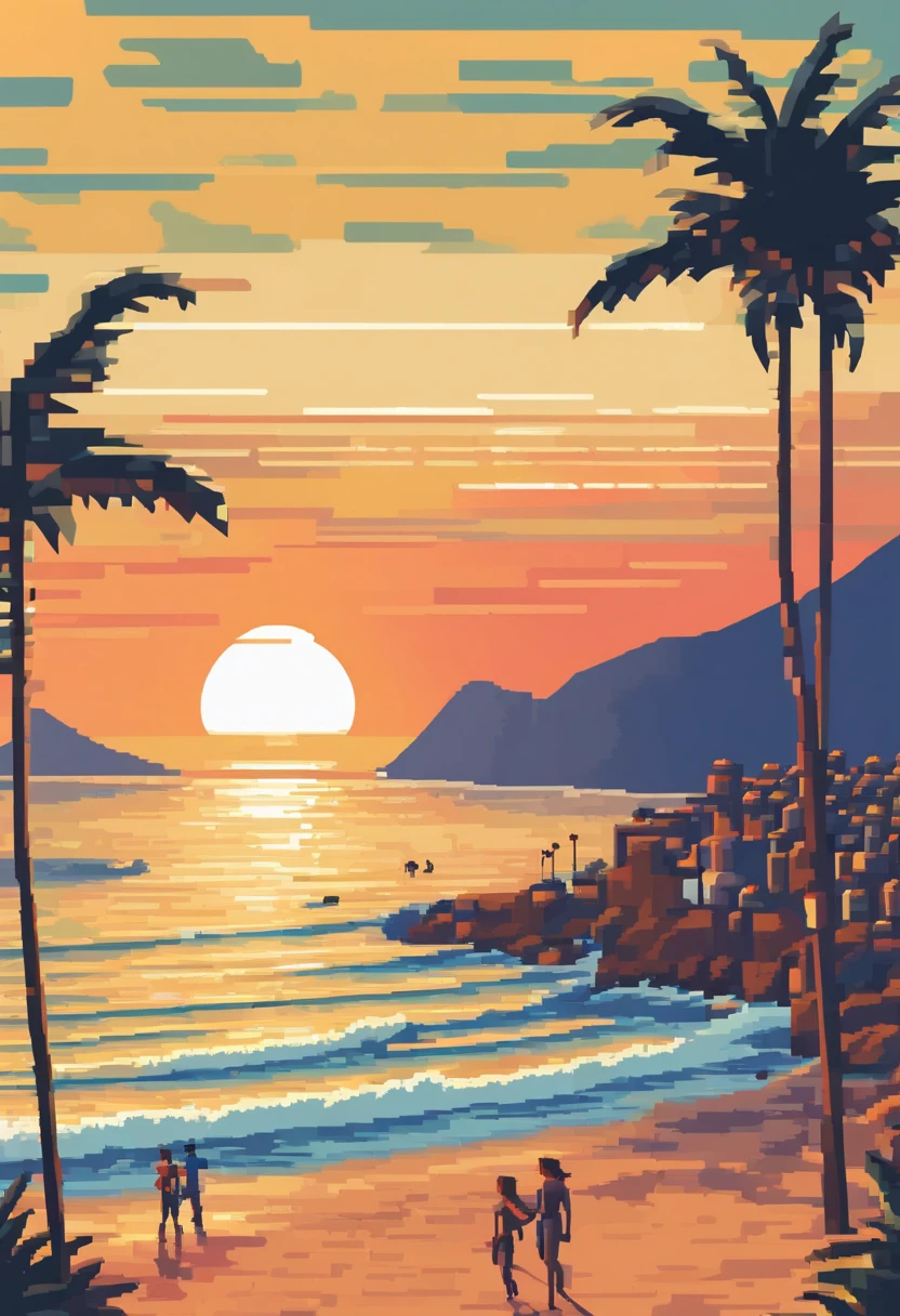 Surfers and Maresias Beach in Brazil at sunset