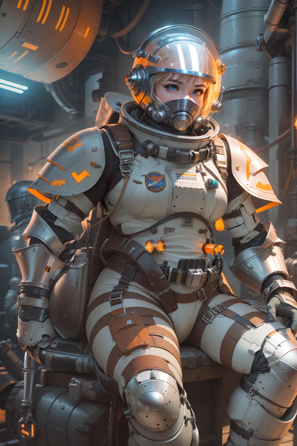 professional artwork, detailed eyes, beautiful eyes, large breasts, thick thighs, wide hips, beautiful face, flawless face, gorgeous face, smooth features, blush, short hair, beautifully detailed background, adventurous astronaut knight in bulky armored space suit, space suit looks like knight armor, space suit, thick heavy space suit, environment suit, hoses and tubes on suit, dials and switches, space suit backpack, nasa, nasa punk, nasapunk, astronaut, astronaut suit, cosmonaut, medieval knight, knight armor, leather armor and metal armor, mechanical background, sci fi, science fiction, futuristic, fantasy armor, full plate armor, medieval armor, knight helmet, knight visor, grilled faceplate, large helmet, big helmet, heavy collar, vacuum seal ring around neck, life support systems, rustic material, heavy stitching, thick leathers, armored breastplate, armored chest, leather gloves, rustic craftsmanship, adventurous, adventure, cute, smiling, shoulder pads, armor, white and orange outfit, heraldry, sides of head is shaved, cropped haircut, helmet on head, cassette futurism, gloved hands, bulky space suit, bulky suit, tubes and hoses, valves, mechanical, sword and shield, neon light, neon glow, neon, cuirass, pauldrons, chest armor, heavy metal chest armor, beam sword, large robot enemy, plasma sword, light saber, knight, dome helmet\