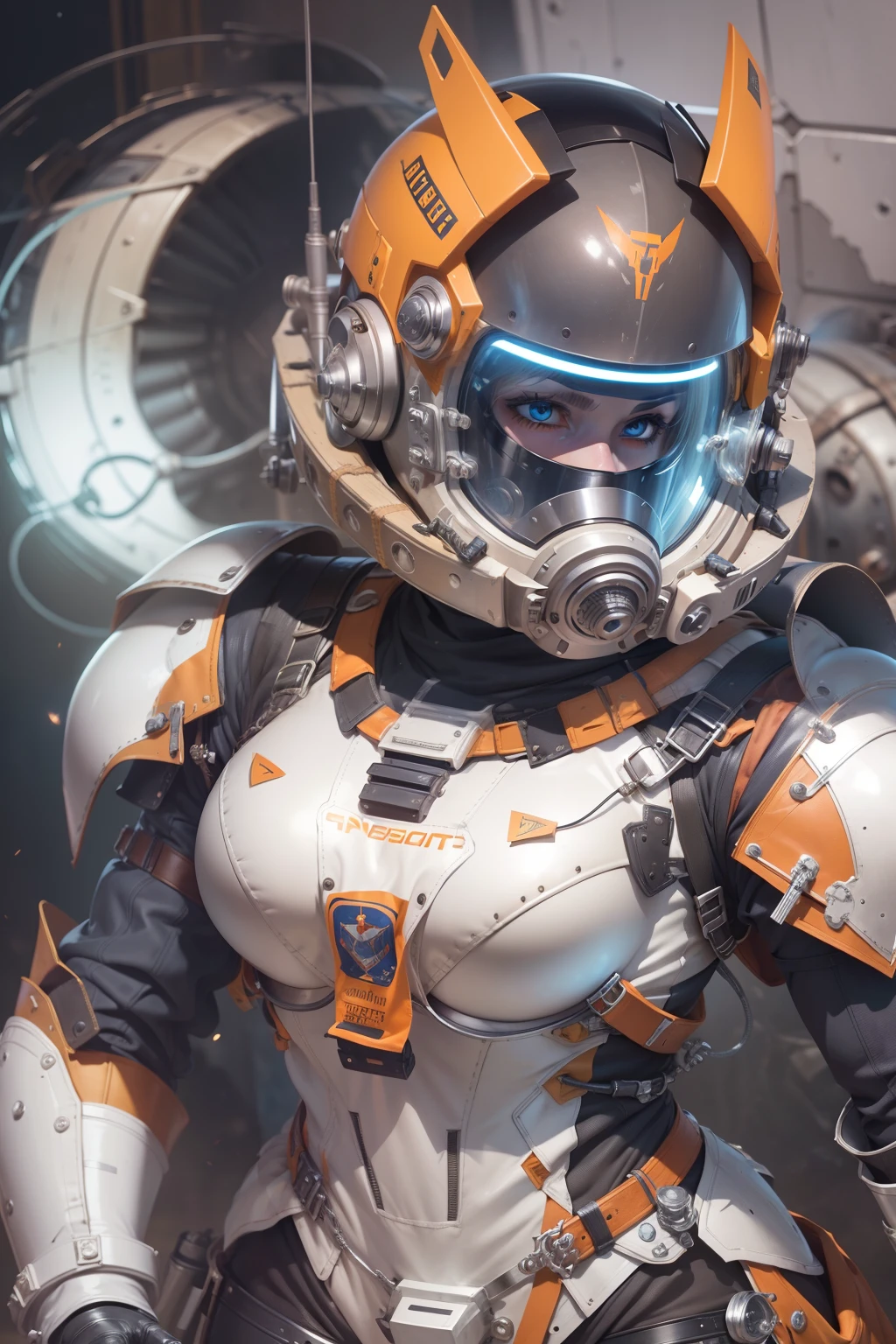 professional artwork, detailed eyes, beautiful eyes, large breasts, thick thighs, wide hips, beautiful face, flawless face, gorgeous face, smooth features, blush, short hair, beautifully detailed background, adventurous astronaut knight in bulky armored space suit, space suit looks like knight armor, space suit, thick heavy space suit, environment suit, hoses and tubes on suit, dials and switches, space suit backpack, nasa, nasa punk, nasapunk, astronaut, astronaut suit, cosmonaut, medieval knight, knight armor, leather armor and metal armor, mechanical background, sci fi, science fiction, futuristic, fantasy armor, full plate armor, medieval armor, knight helmet, knight visor, grilled faceplate, large helmet, big helmet, heavy collar, vacuum seal ring around neck, life support systems, rustic material, heavy stitching, thick leathers, armored breastplate, armored chest, leather gloves, rustic craftsmanship, adventurous, adventure, cute, smiling, shoulder pads, armor, white and orange outfit, heraldry, sides of head is shaved, cropped haircut, helmet on head, cassette futurism, gloved hands, bulky space suit, bulky suit, tubes and hoses, valves, mechanical, sword and shield, neon light, neon glow, neon, cuirass, pauldrons, chest armor, heavy metal chest armor, beam sword, large robot enemy, plasma sword, light saber, knight, dome helmet\