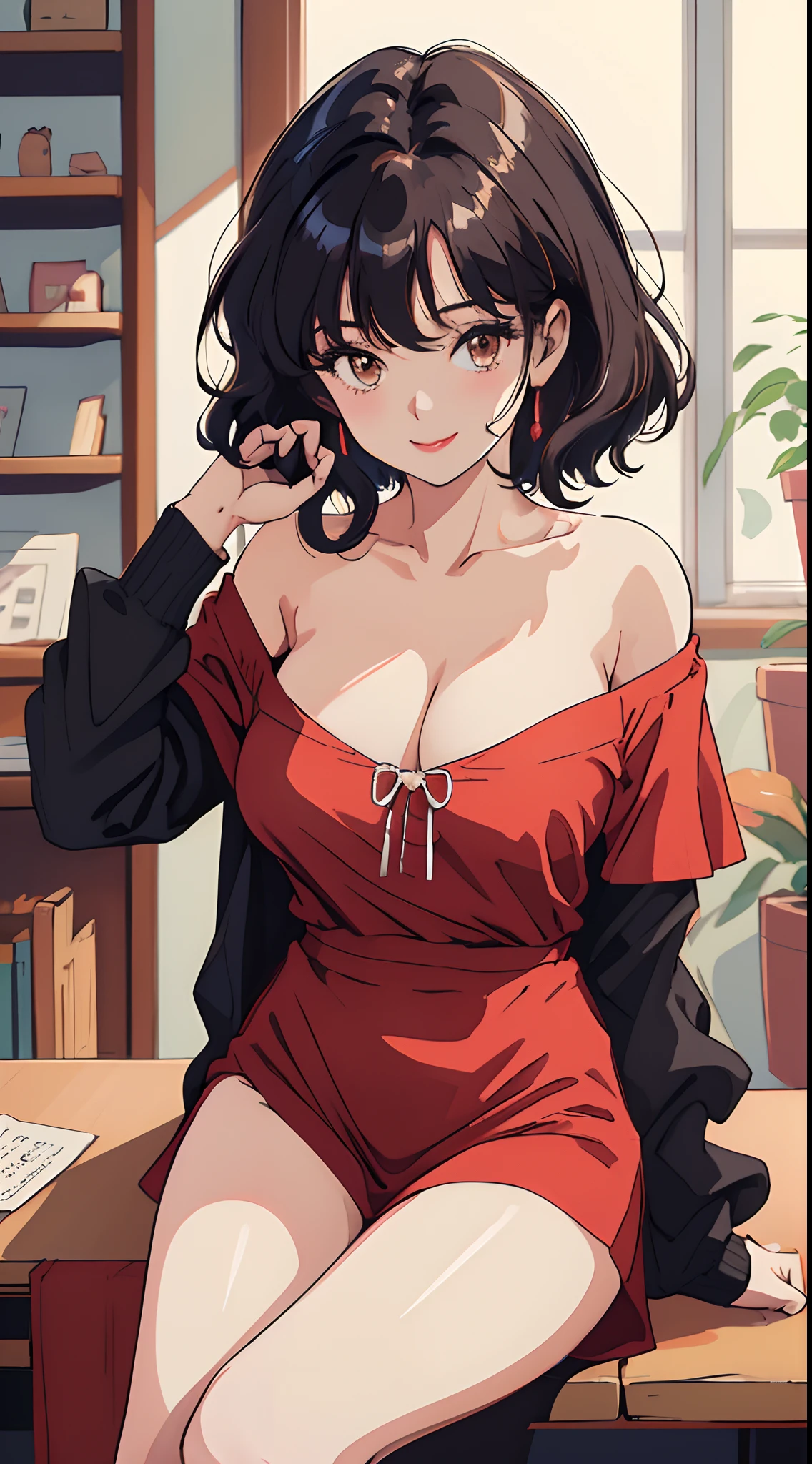(Best quality, Masterpiece, A high resolution),1girll,nabel,underdressing,pantiess,nakeness,naked leg,underdressing,比基尼,Close-up shot,Super large breasts,Off-the-shoulder attire,cleavage,Solo,Short hair,Wavy hair,Smile,