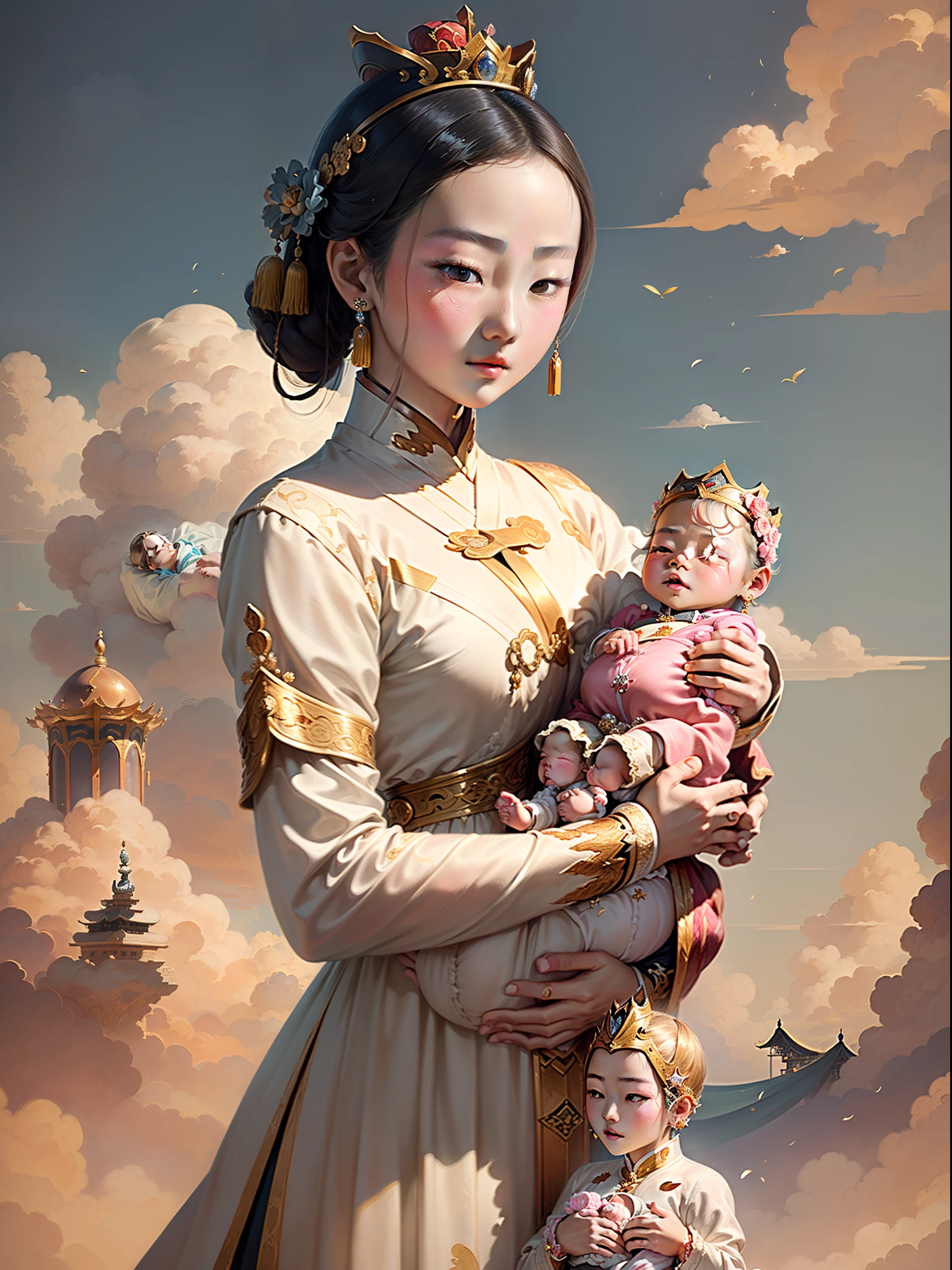 (masterpiece, top quality, The beautiful -yeld Chse queen( holds a baby prin.0) wearing shavings in her arms, Straight eyes, radiating a brilliant aura, Rosary handle, Crown Team, (Systemic: 2.0), Stand in the cloud, full body