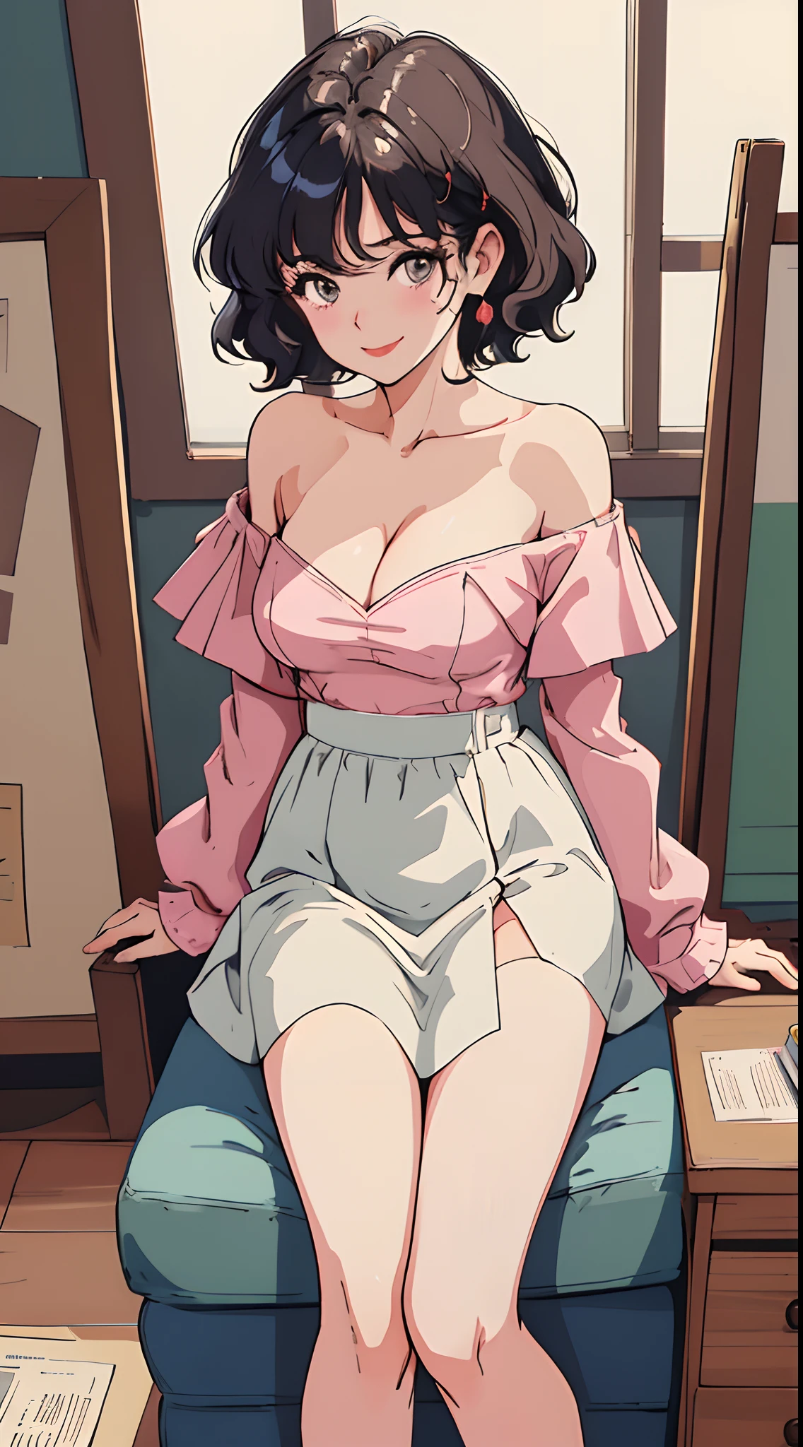 (Best quality, Masterpiece, A high resolution),1girll,nabel,underdressing,pantiess,nakeness,naked leg,underdressing,比基尼,Close-up shot,Super large breasts,Off-the-shoulder attire,cleavage,Solo,Short hair,Wavy hair,Smile,