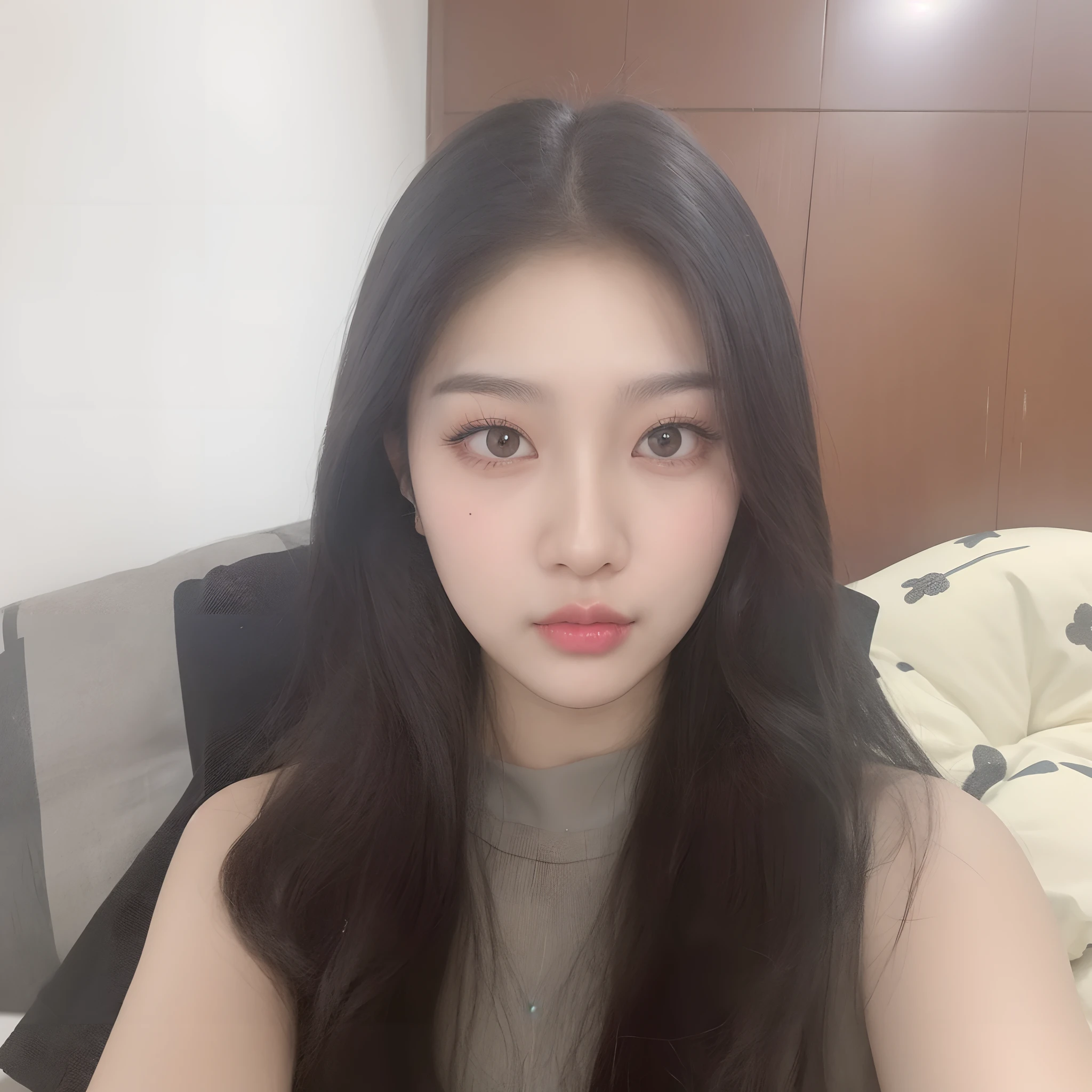 On the bed sat a woman with long black hair, Shin Jinying, ulzzangs, 19-year-old girl, jaeyeon nam, with round face, popular korean makeup, Korean girl, Choi Hyun-hwa, 8k selfie photograph, headshot profile picture, wan adorable korean face, portrait of jossi of blackpink