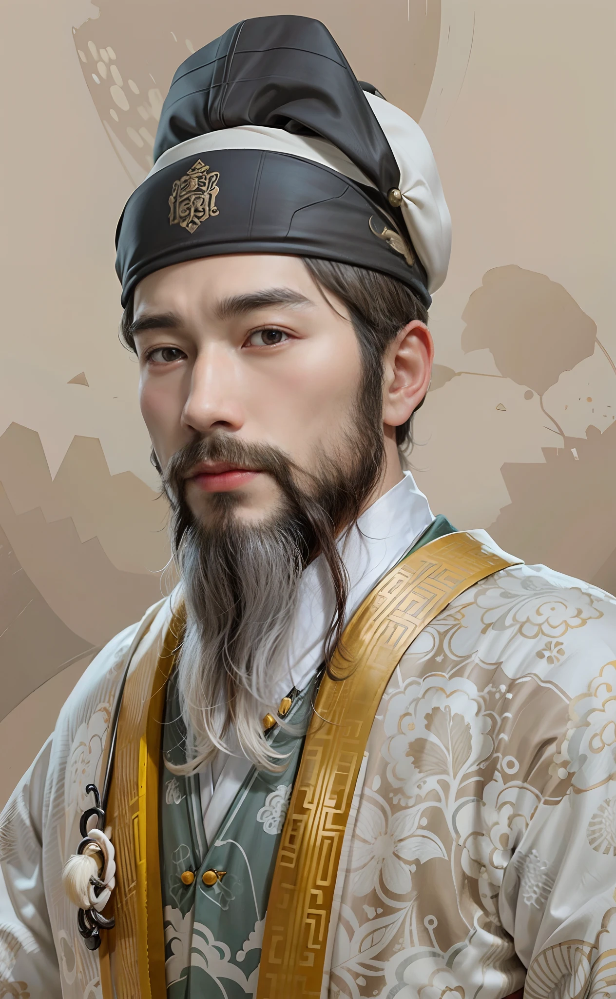 Draw a man with a beard and hat, white  clothes，White pattern Hanfu，Dunhuang mural style，Two-dimensional realism，inspired by Wu Daozi, Inspired by Hu Zaobin, inspired by Xuande Emperor, inspired by Hu Zao,